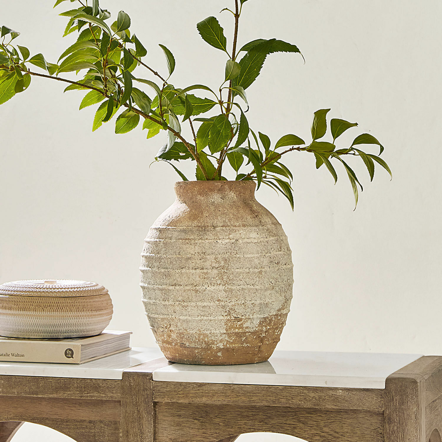 Vaso Sibinna Vaso rustico in ceramica beige e marrone con rami verdi su tavolo in legno