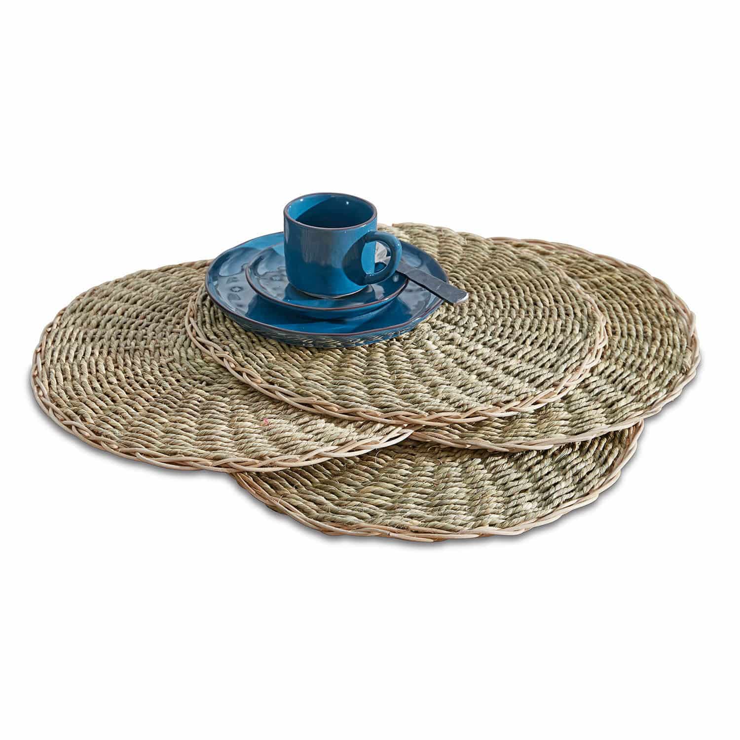 Set di 4 sottopiatti Staines Set di tre tovagliette rotonde in erba marina intrecciata colore naturale