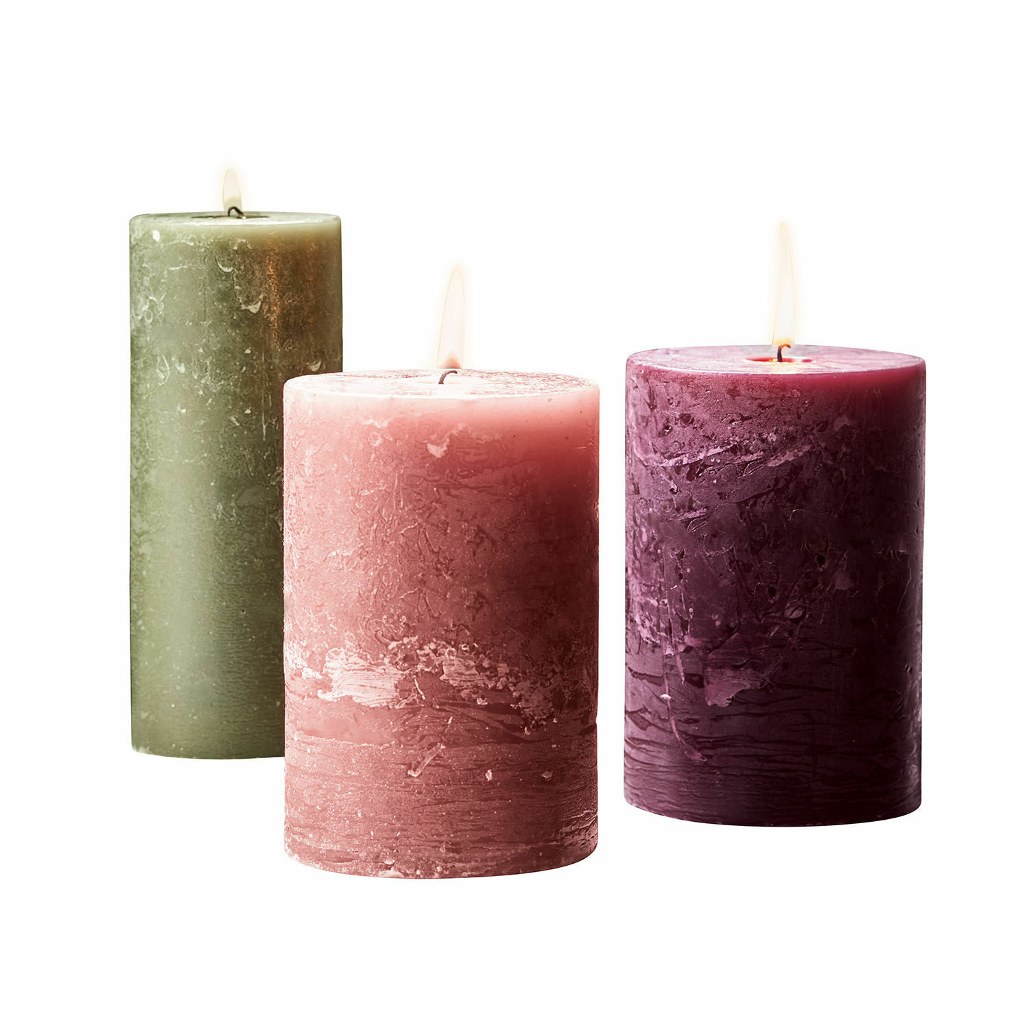 rosa/verde Set di 3 candele Salis in cera naturale rosa, verde e bordeaux per un'atmosfera accogliente