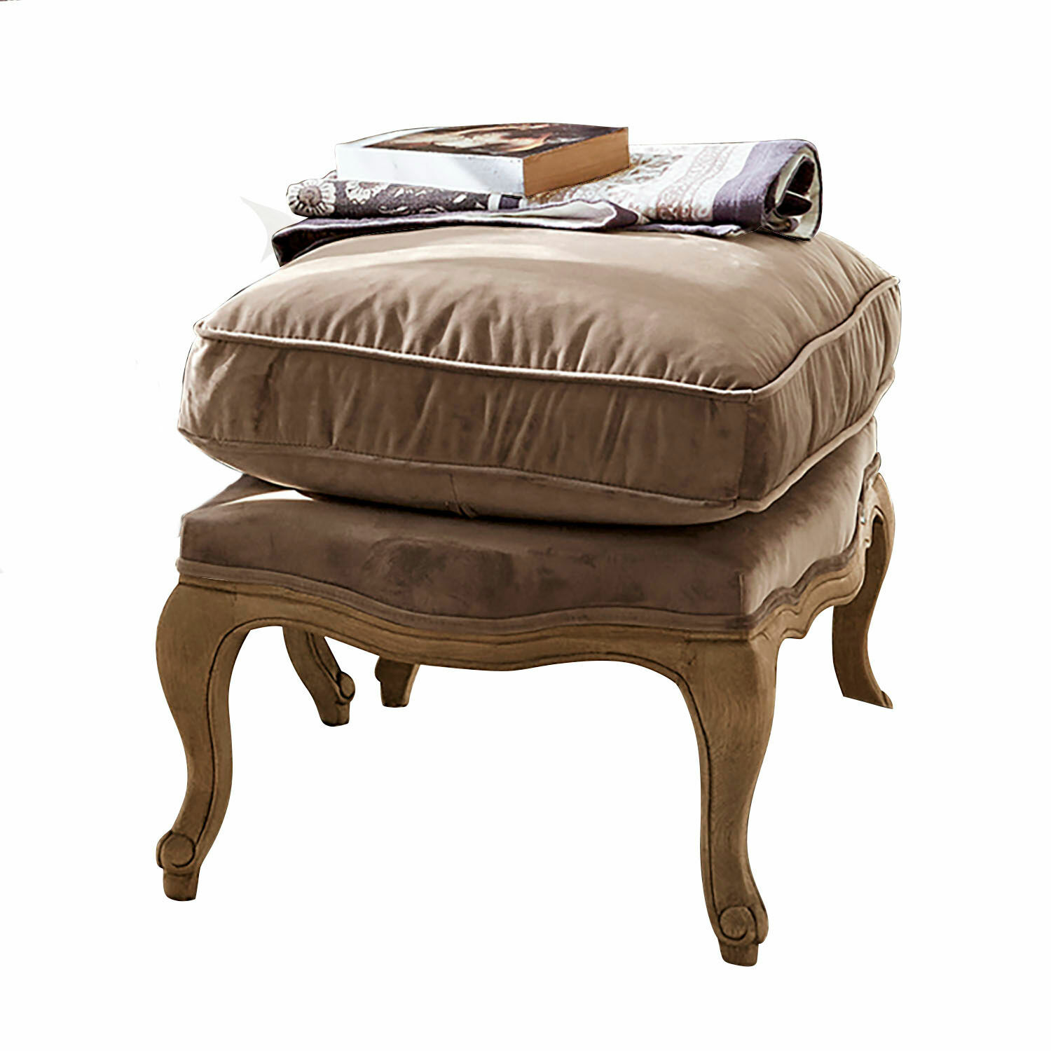 Pouf Corlay Poggiapiedi marrone con struttura in legno e cuscino morbido, tessuto decorativo e libro sopra