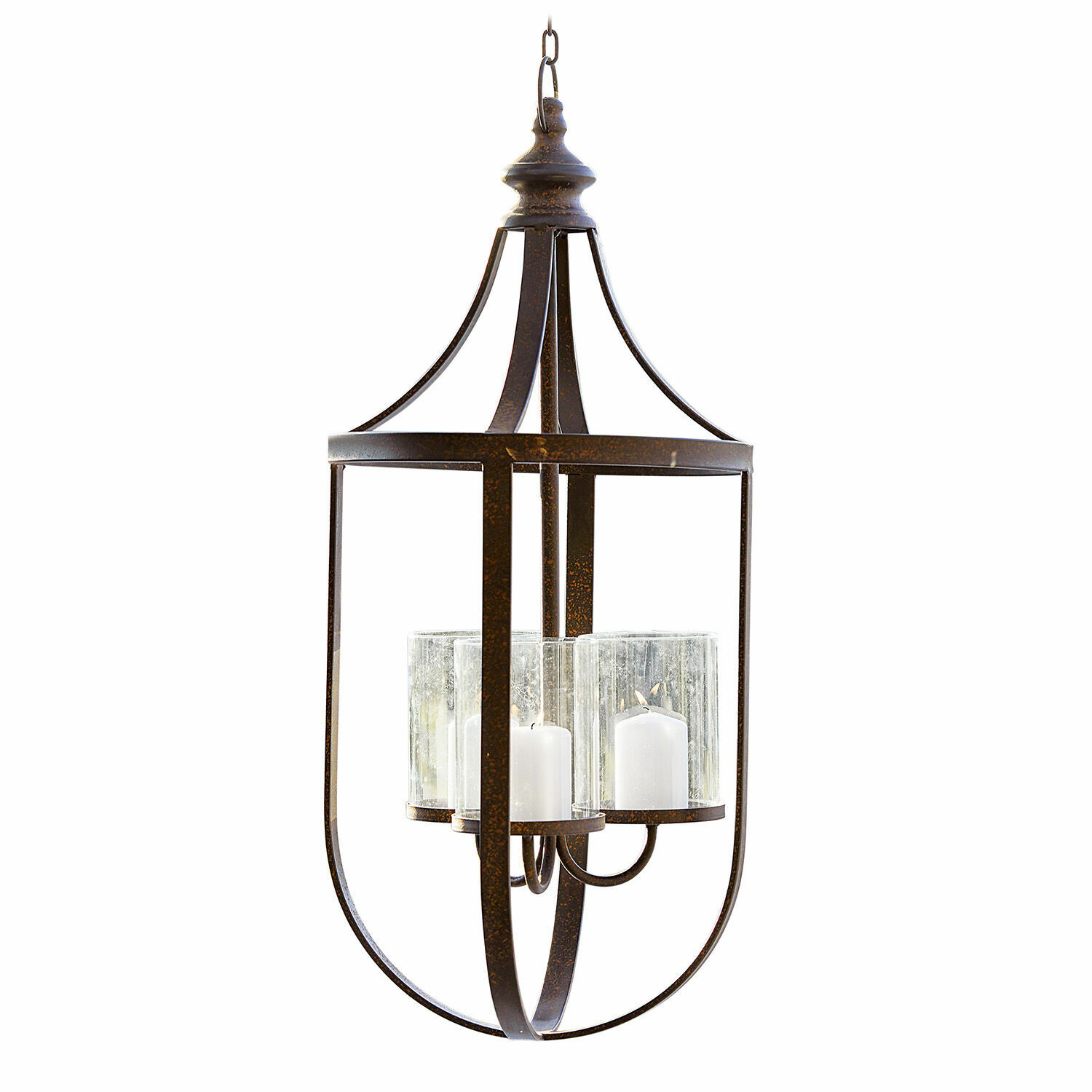 Lanterna a sospensione Hampshire Lanterna sospesa in metallo ruggine con tre candele bianche in paralumi di vetro