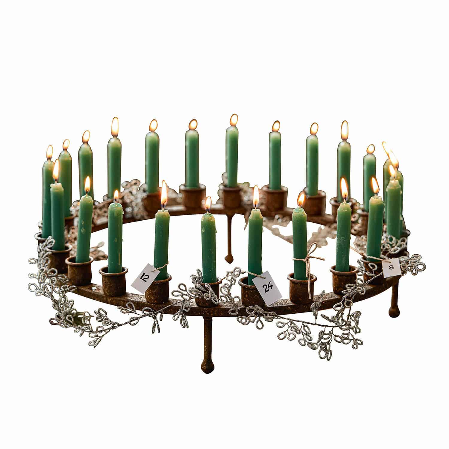 Corona portacandele Margarit Corona d'Avvento in metallo con candele verdi e decorazioni di rami argentati per Natale
