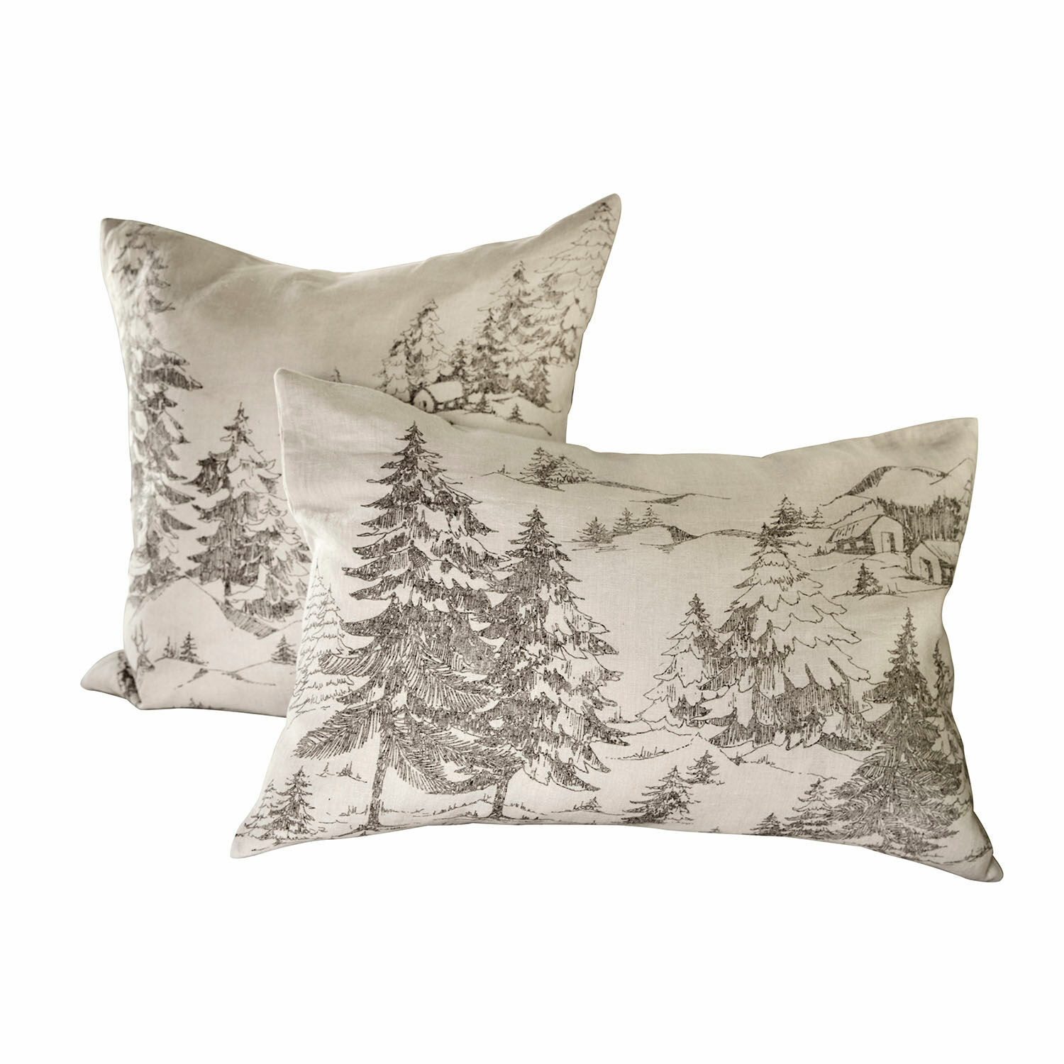 Coppia di copricuscini Fabrielle Set di due cuscini in lino beige con stampa paesaggio boschivo, cuscini decorativi per soggiorno