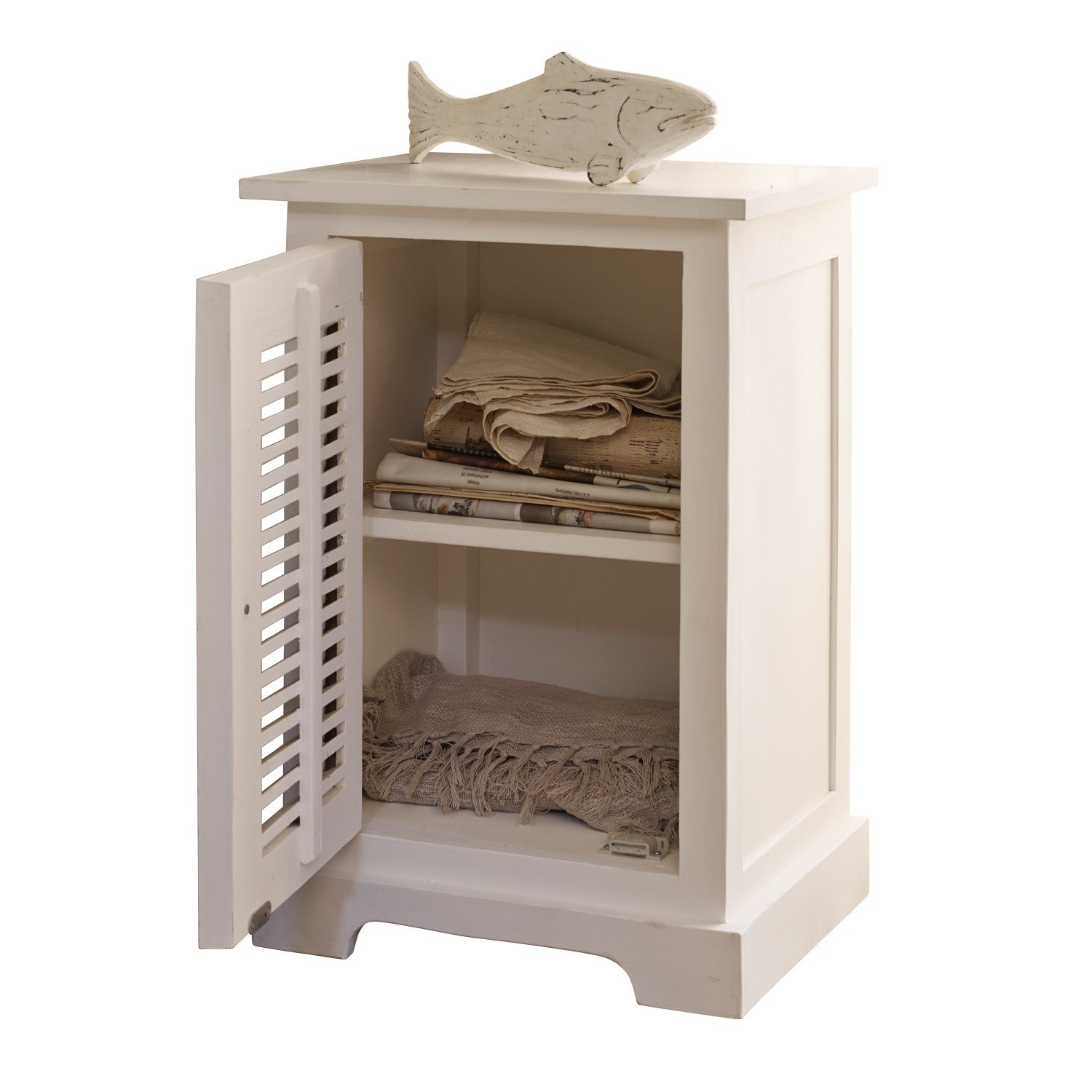 Comodino Wiliston Mobile bianco in legno con porta aperta e decorazione a forma di pesce sopra, tessuti all'interno