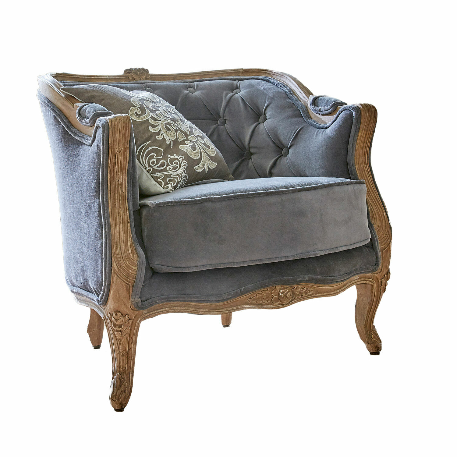Poltrona Annezay Poltrona vintage con rivestimento in velluto grigio e cornice in legno intagliato per soggiorno