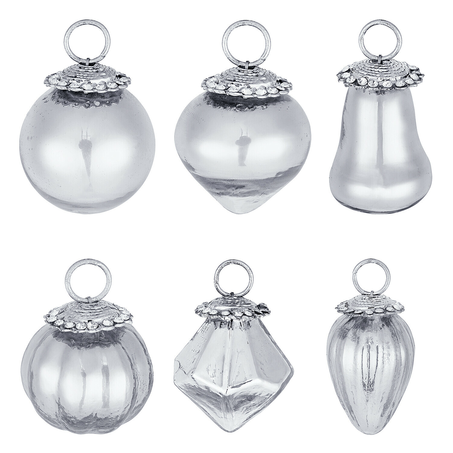 Set da 6 decorazioni natalizie in argento antico con forme diverse, ornamenti per albero