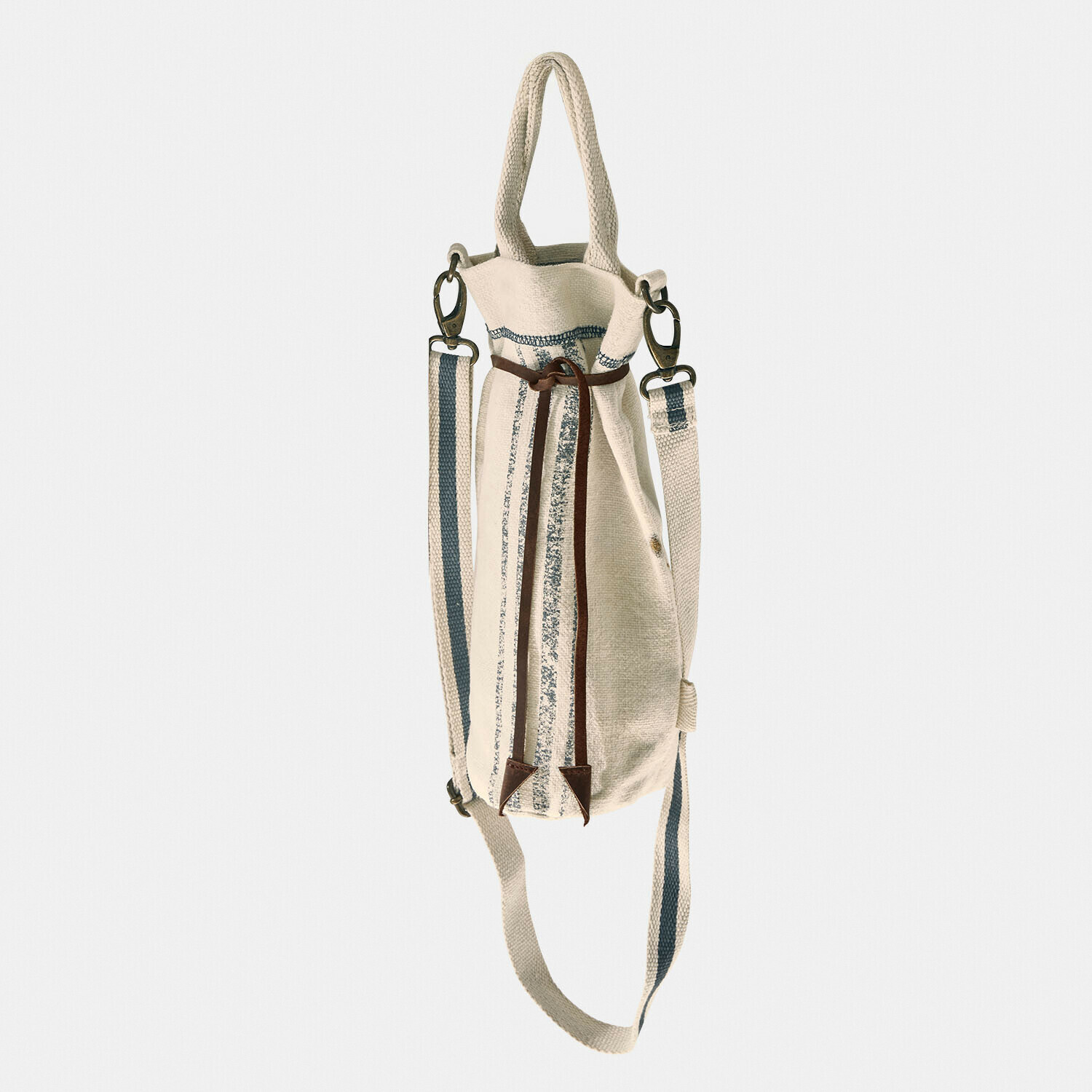 Borsetta portabottiglie Pawera Borsa beige in tessuto con strisce blu e cinturino marrone, zaino pratico per uso quotidiano