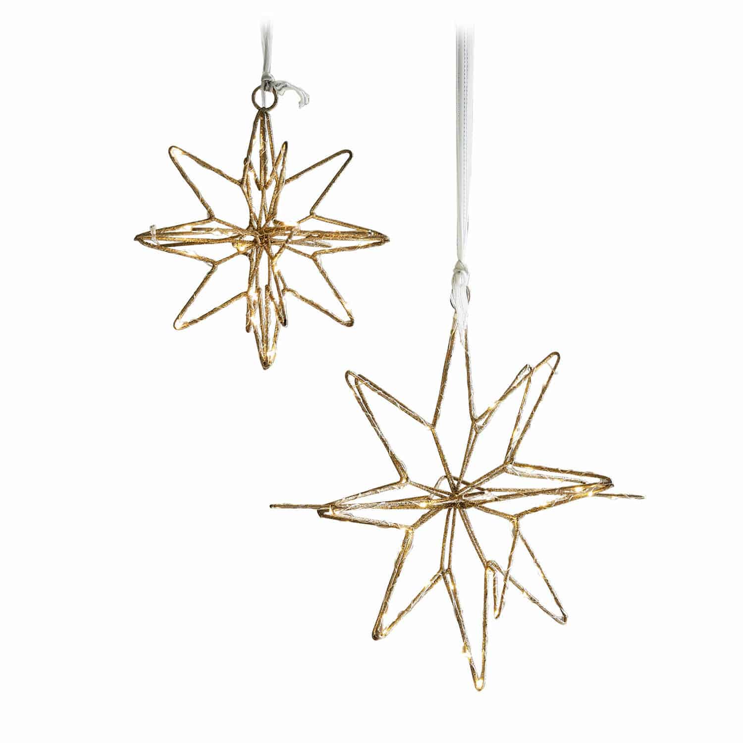 Coppia di stelle a LED Pérole Stelle decorative in metallo dorato con luci LED da appendere, decorazioni natalizie eleganti