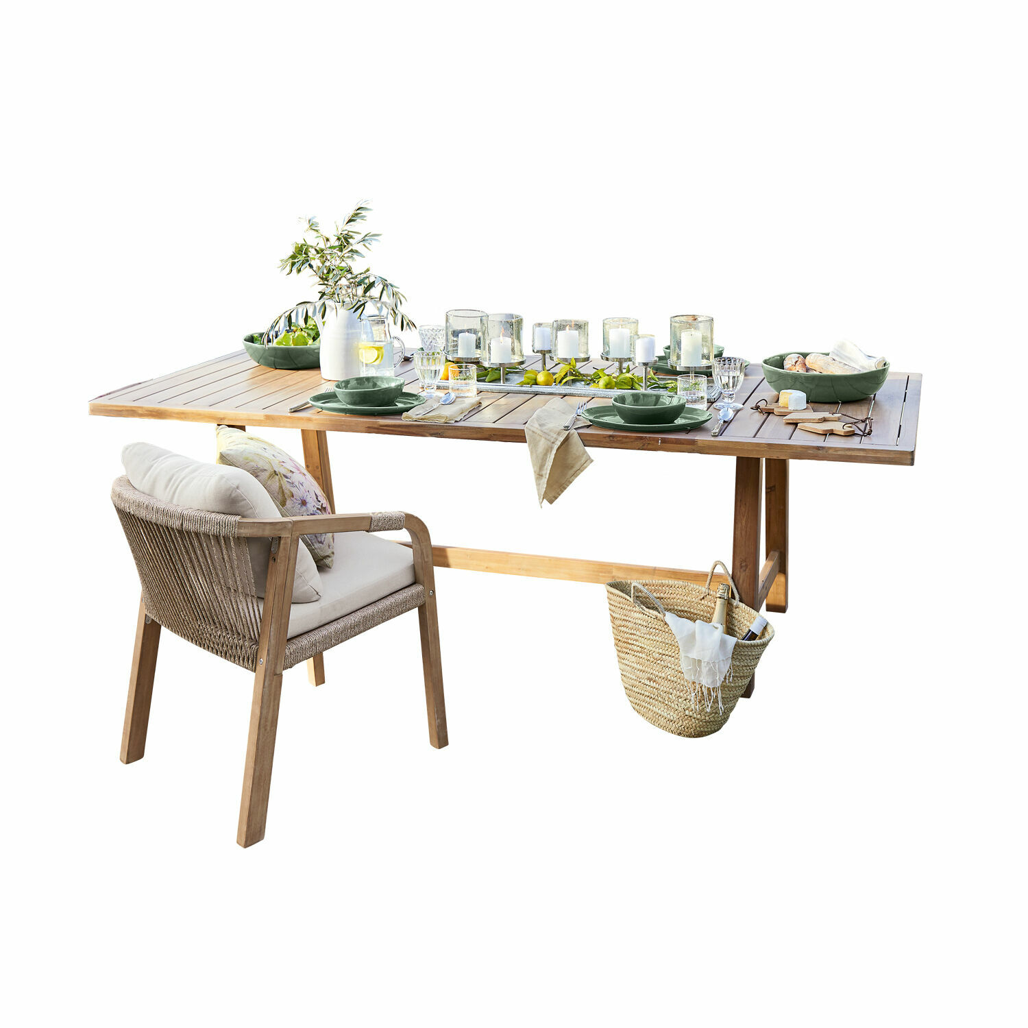 Tavolo FSC®-100% Kennedy Tavolo da giardino in legno con stoviglie verdi e sedia imbottita, decorazioni per terrazza
