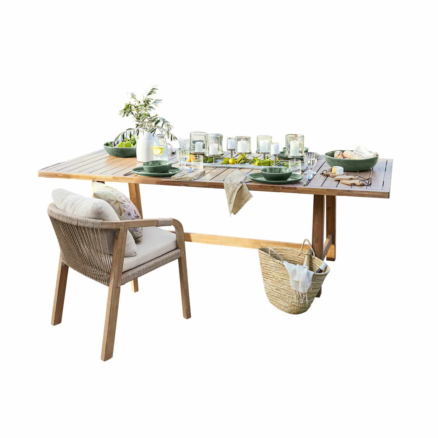 Tavolo FSC®-100% Kennedy Tavolo da giardino in legno con stoviglie verdi e sedia imbottita, decorazioni per terrazza