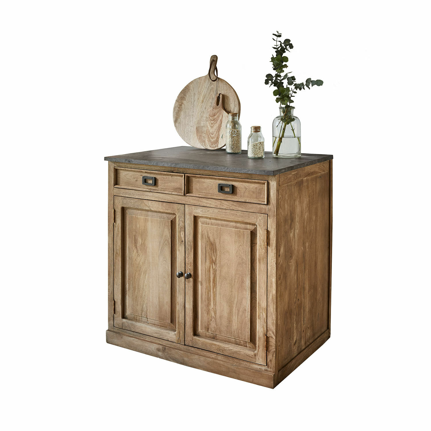 Base da cucina Montégut Credenza in legno con piano grigio, due cassetti e ante, decorazioni da cucina sopra
