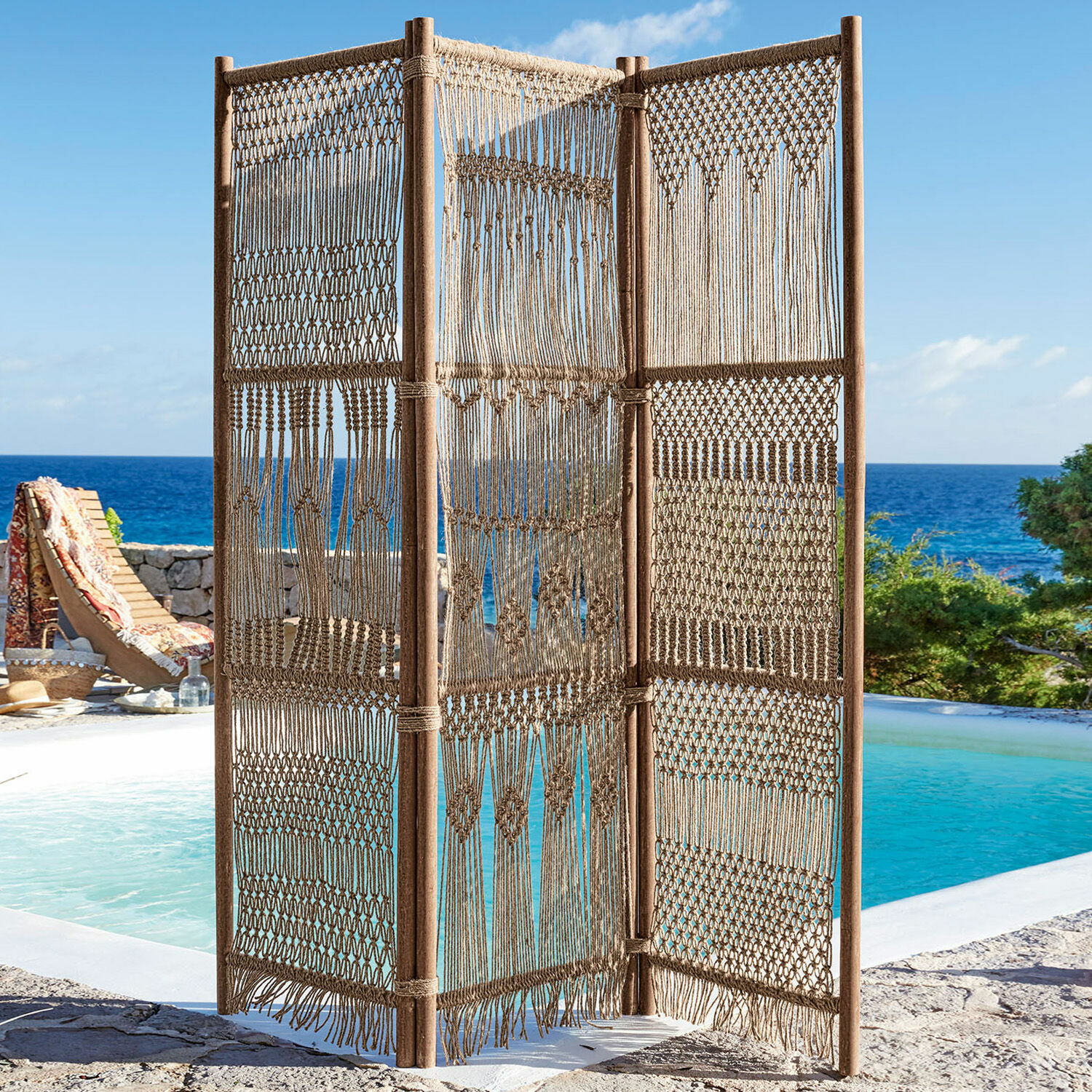 Paravento Tarik Paravento in corda naturale e legno beige, perfetto per giardino e terrazza esterna