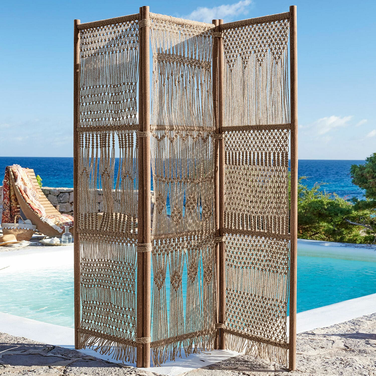 Paravento Tarik Paravento in corda naturale e legno beige, perfetto per giardino e terrazza esterna