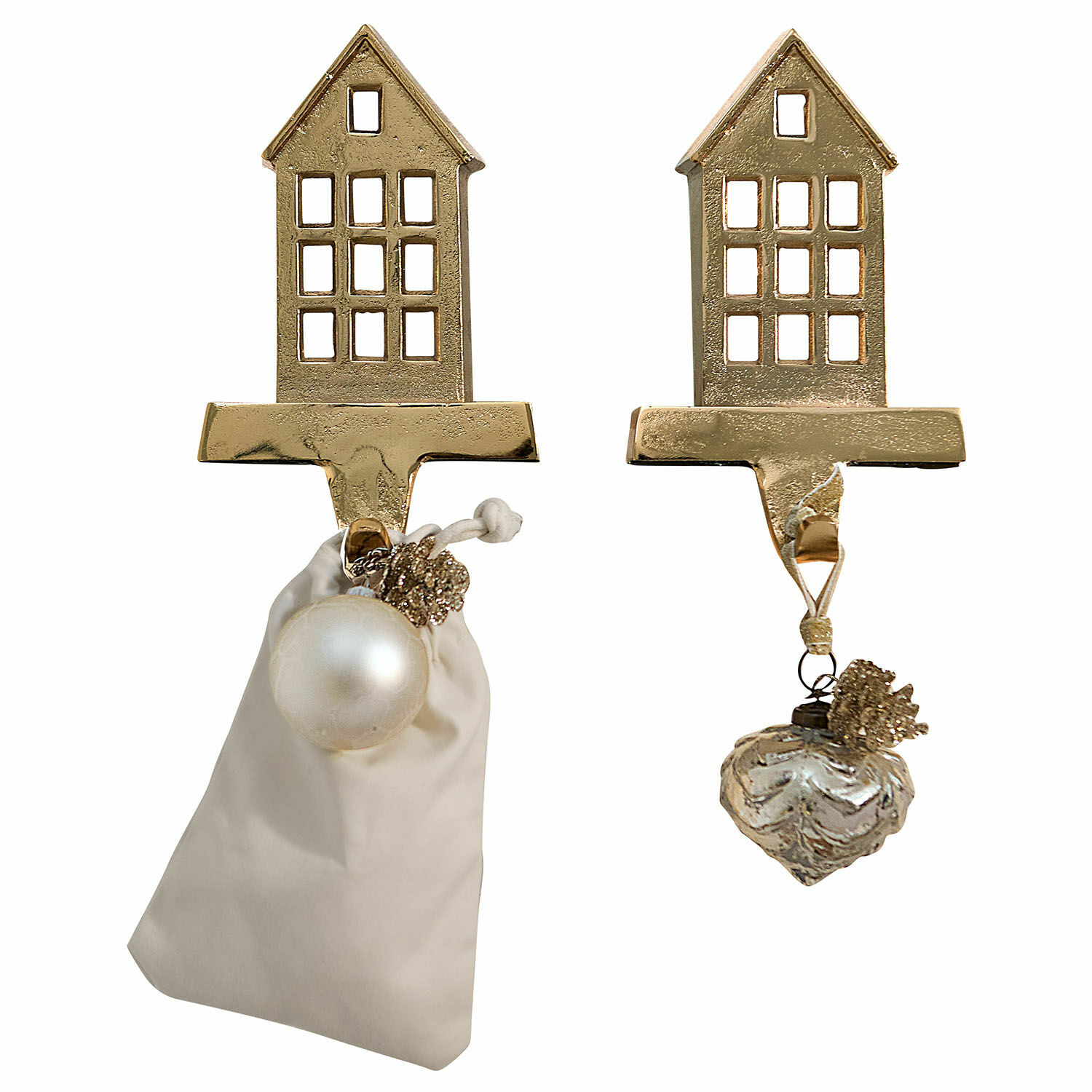 Coppia di ganci Xanique Ganci dorati a forma di casa con decorazioni natalizie e sacchetto di tessuto beige