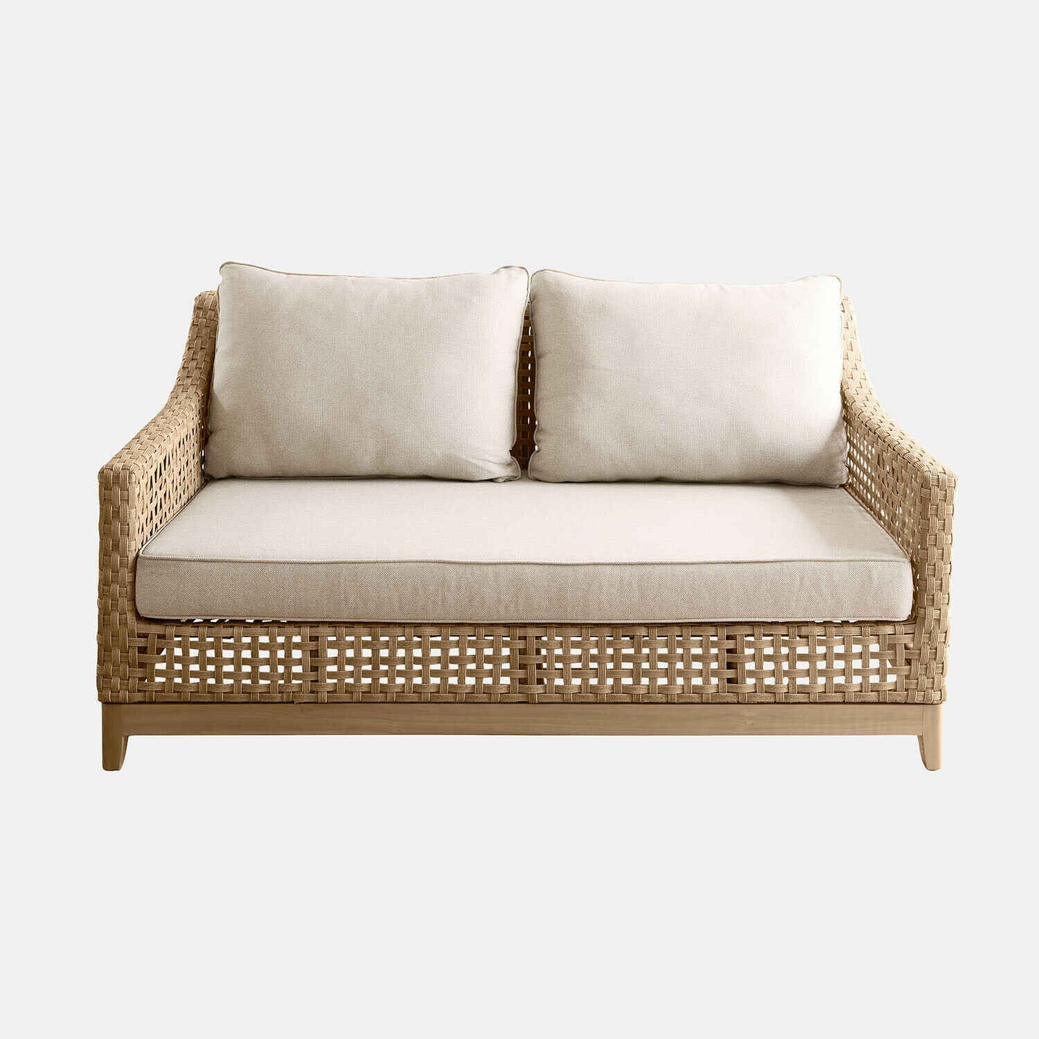 Divano Isolara Divano in rattan intrecciato con cuscini beige e base in legno, mobile confortevole per soggiorno