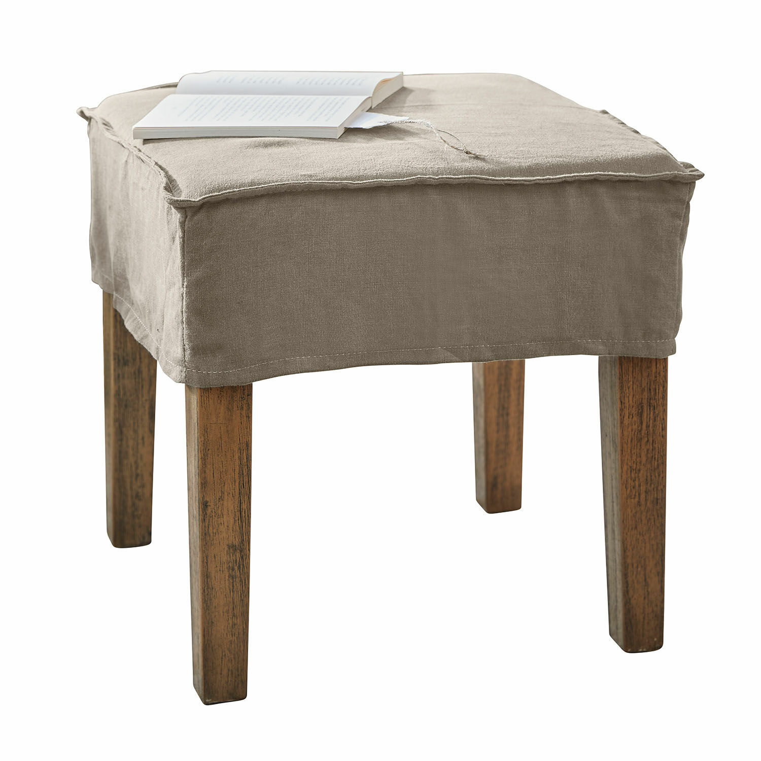 Sgabello Vionnique Sgabello beige con copertura in lino e gambe in legno, mobile versatile per soggiorno o camera
