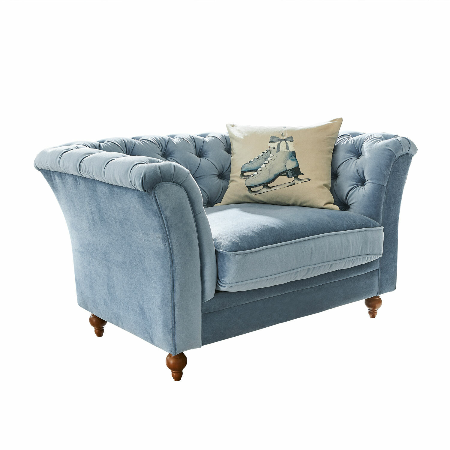 Divano Clères Divano Chesterfield blu in velluto con gambe in legno e cuscino decorativo con pattini