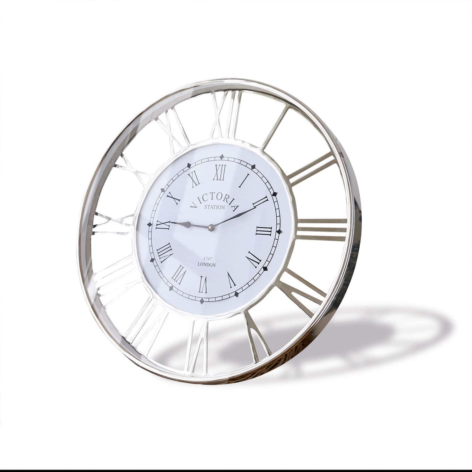 Orologio Victoria Station Orologio da parete rotondo con cornice metallica argento e quadrante bianco con numeri romani, decorazione