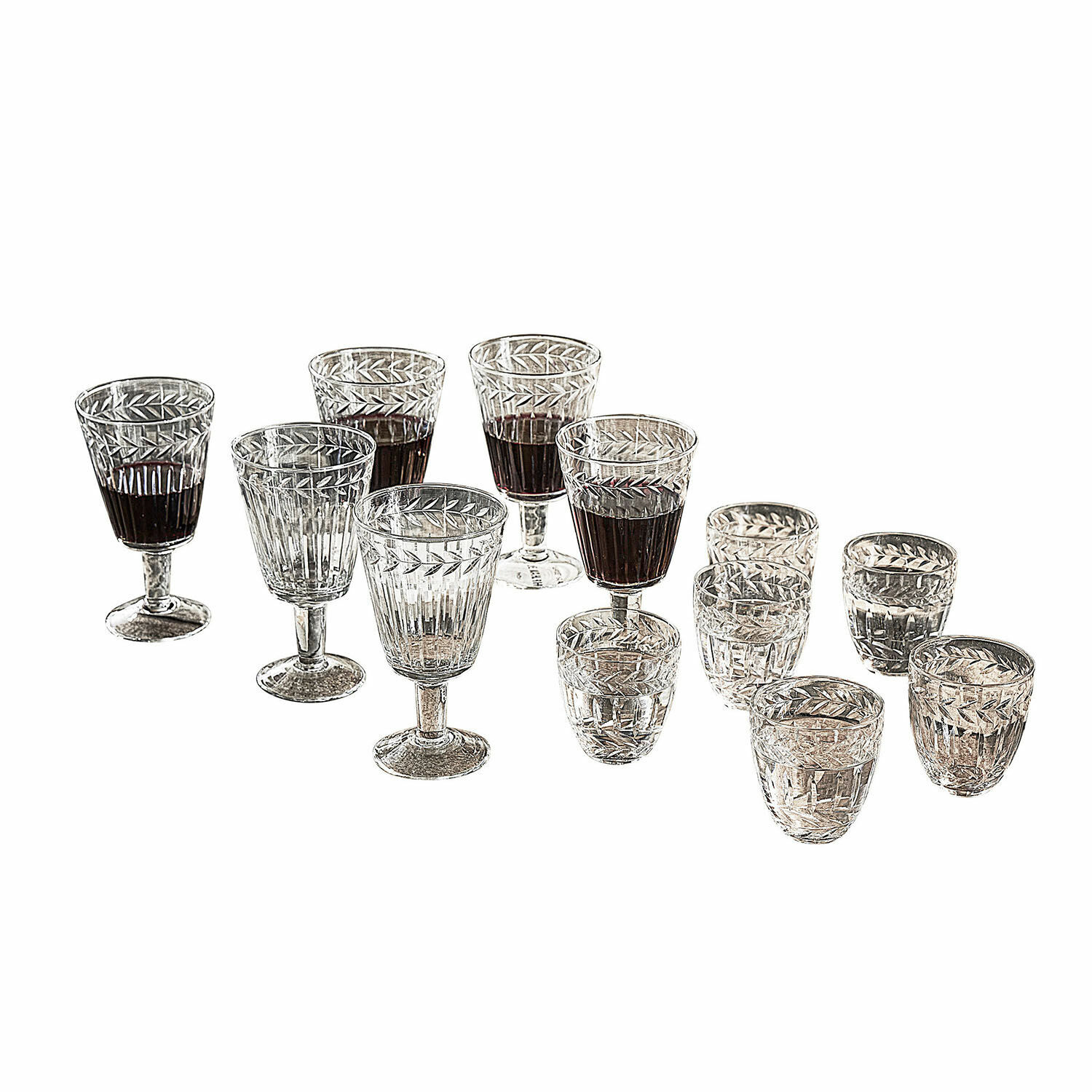 Set di 12 bicchieri Padiès Set di bicchieri in cristallo con motivo a foglie incise, calici da vino e liquore in vetro trasparente