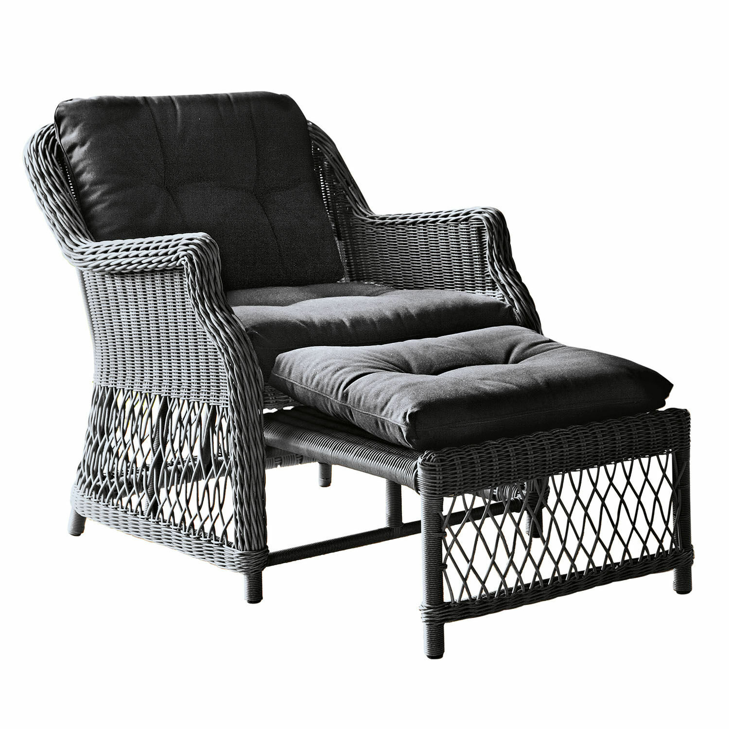 Poltrona Howe Poltrona in rattan grigio con poggiapiedi e cuscini grigio scuro per il massimo comfort a casa