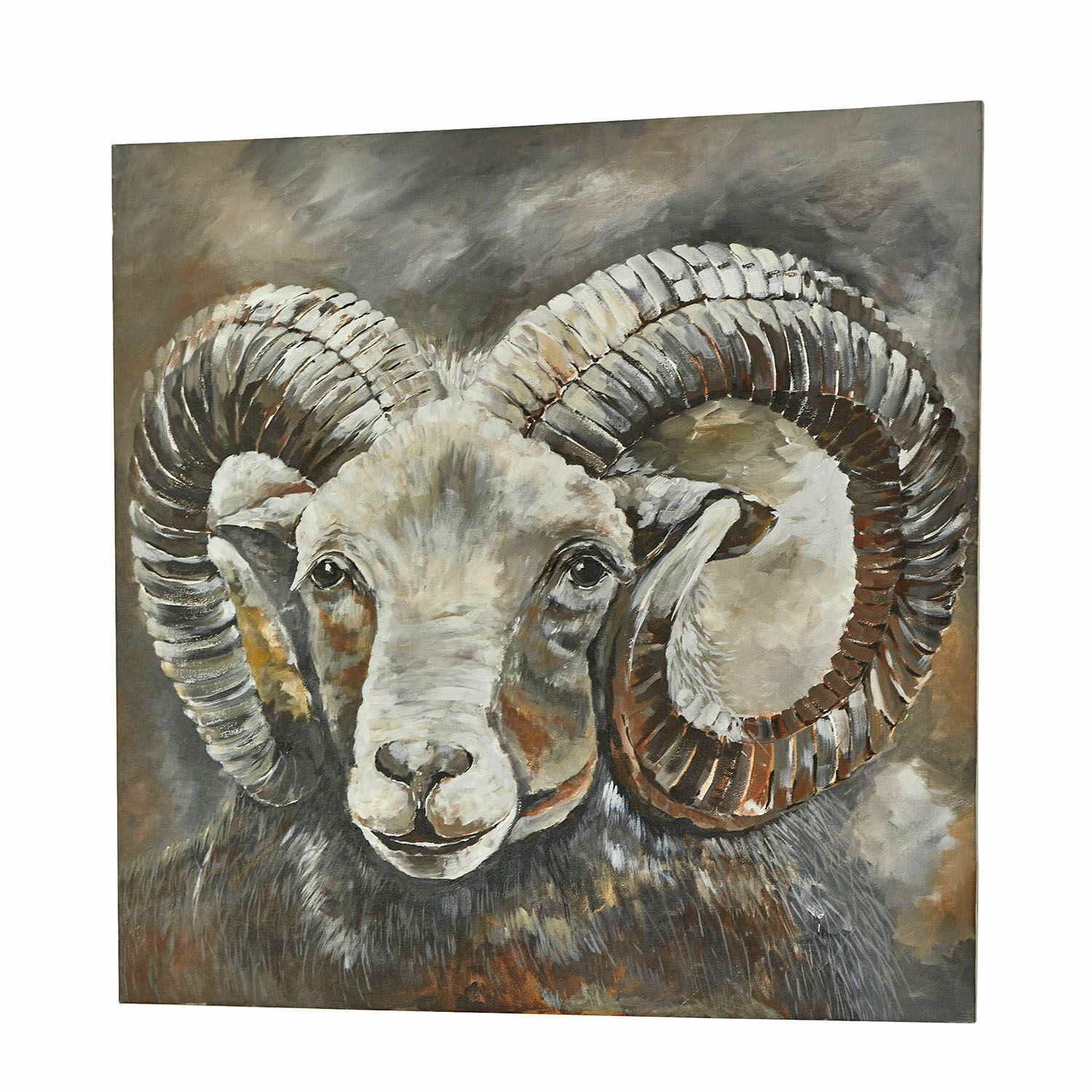 Quadro Nahant Dipinto di un montone con grandi corna a spirale in tonalità marroni e grigie