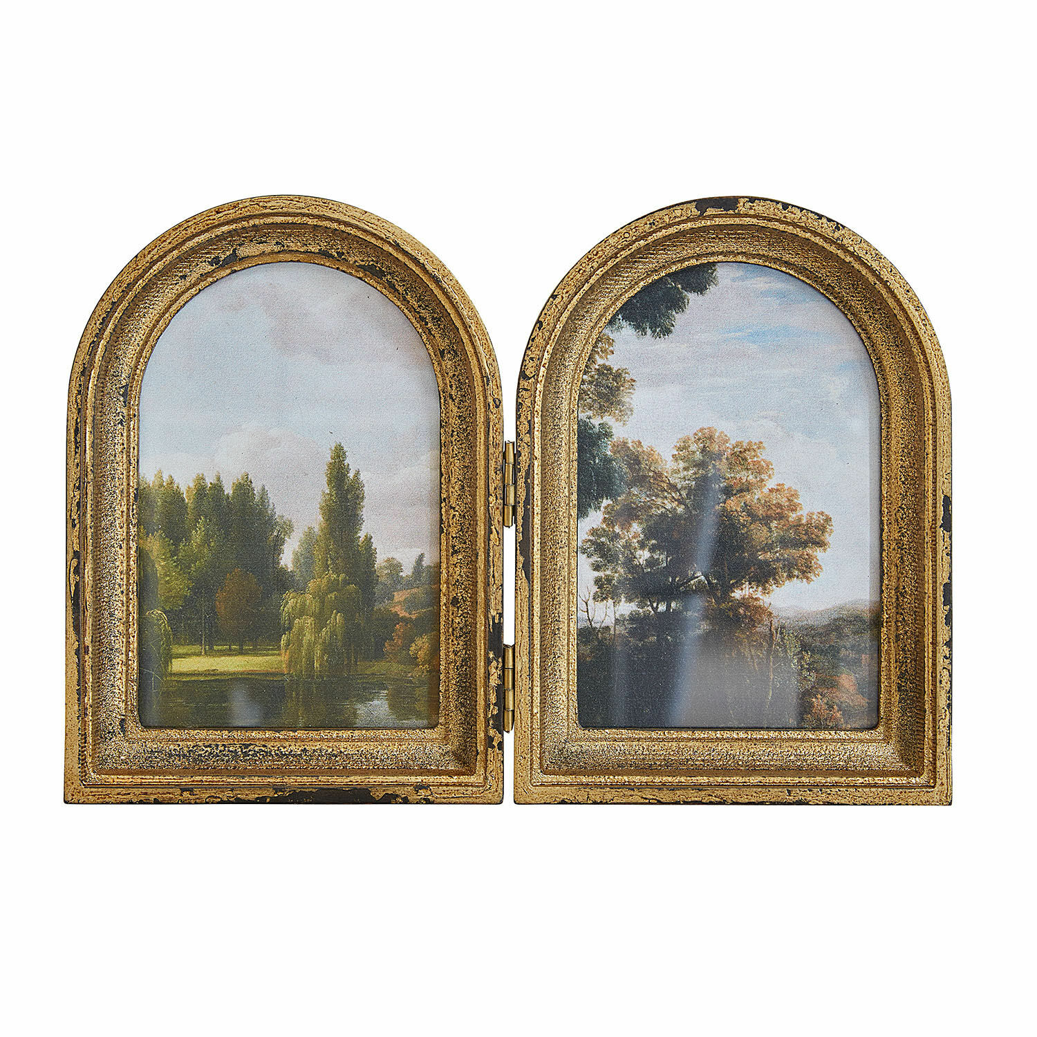 Cornice Beaurain Cornice doppia in legno dorato invecchiato con dipinti di paesaggi e alberi verdi