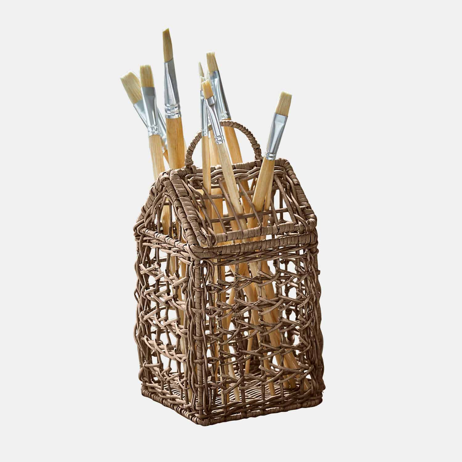 Portaoggetti Koboone Cesto intrecciato marrone a forma di casa con pennelli da pittura con manico in legno