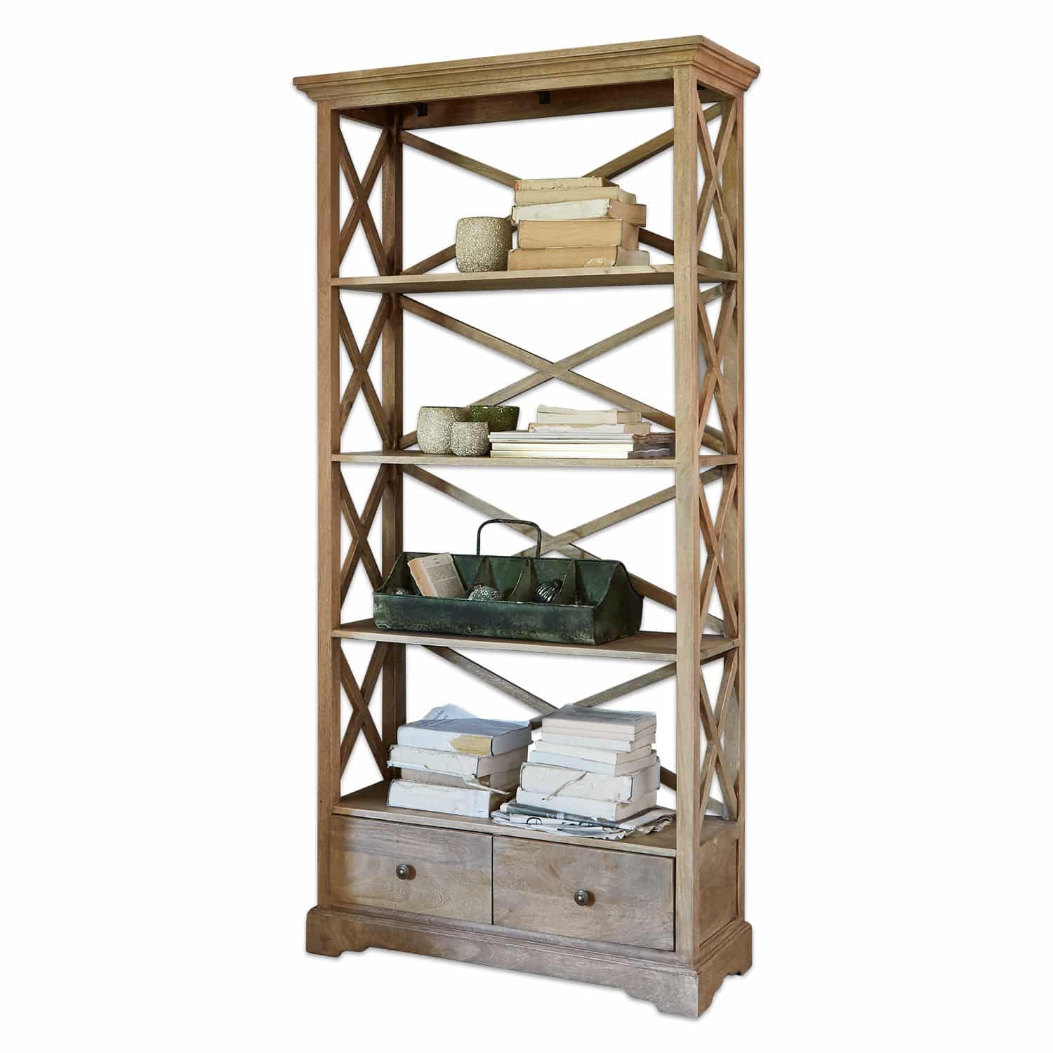 Scaffale Vélu Libreria in legno naturale con quattro ripiani e due cassetti, mobile per libri e oggetti decorativi