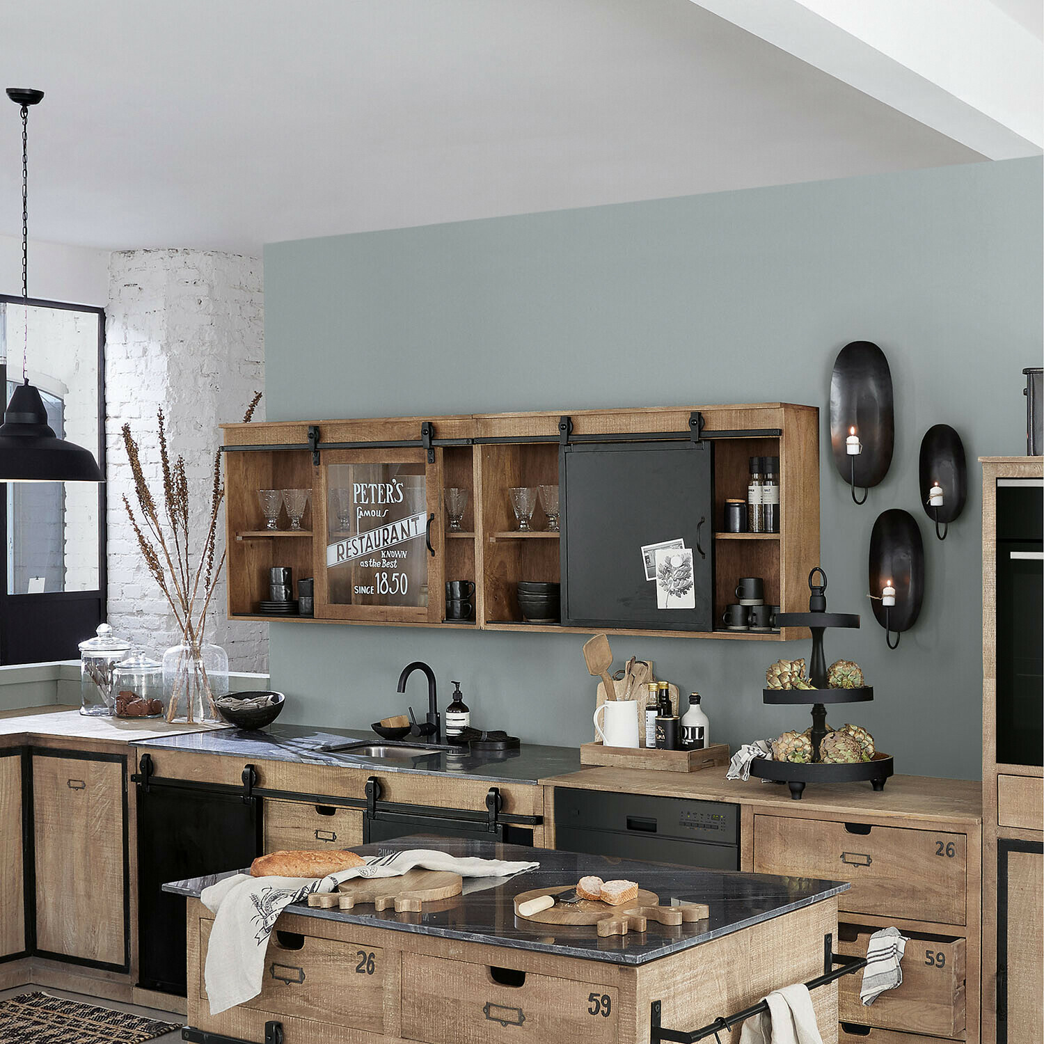 Coppia di mobiletti pensili Oakland Mobile da cucina in legno con ante scorrevoli in vetro e metallo stile industriale