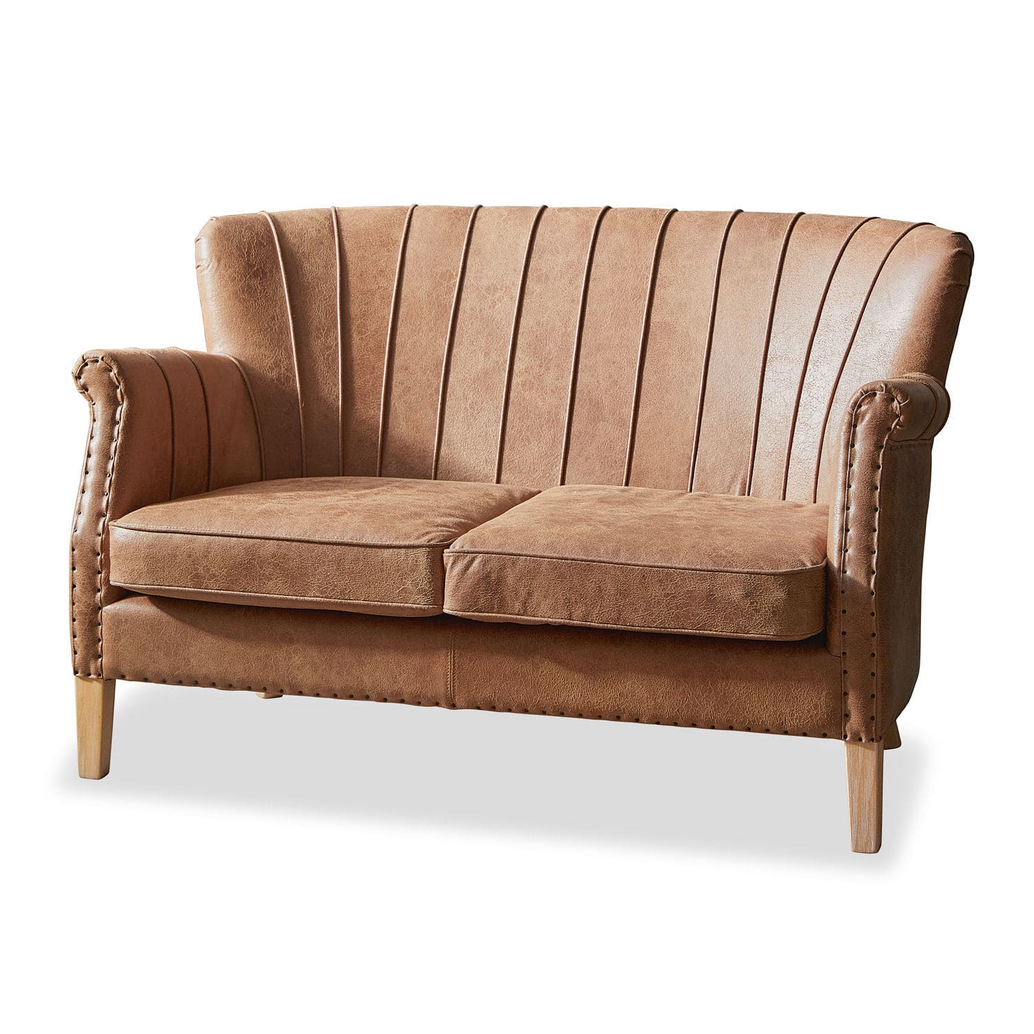 Divano Brookfield Divano due posti in ecopelle marrone con cuciture decorative e gambe in legno chiaro