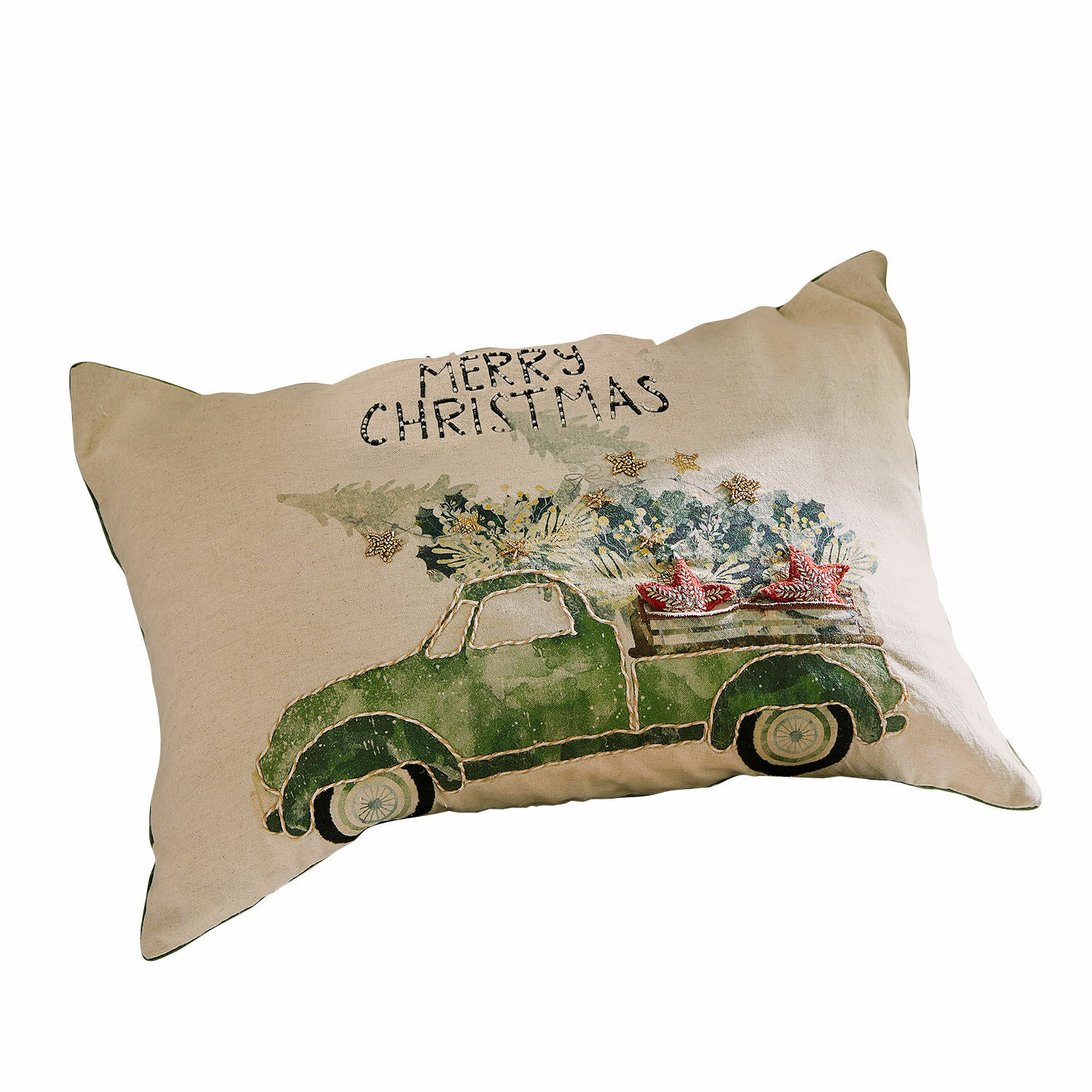 Copricuscino Malivor Cuscino beige con disegno di auto verde e scritta Merry Christmas, motivo tessile natalizio
