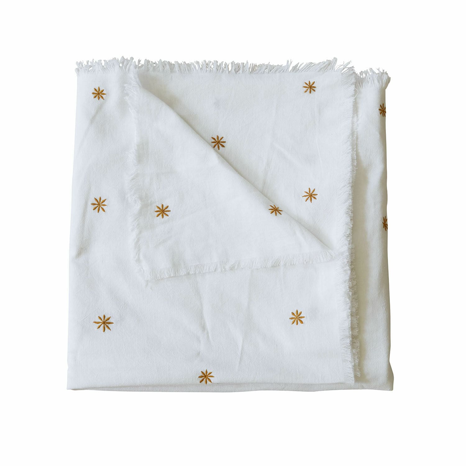 Tovaglia Fjalara Coperta bianca in cotone con stelle ricamate marroni e frange, morbida e decorativa