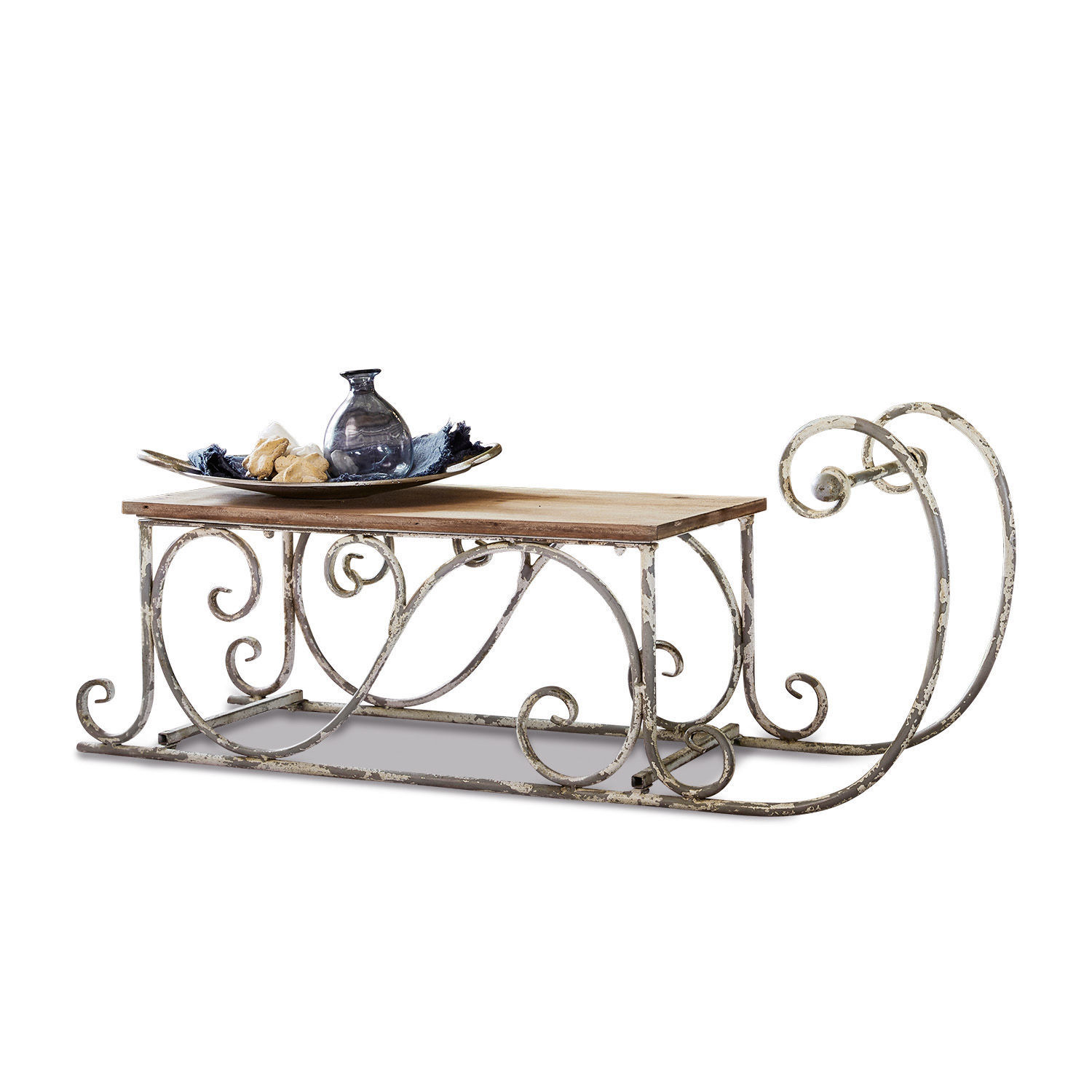 Slitta decorativa in metallo con piano in legno bianco invecchiato per interni vintage