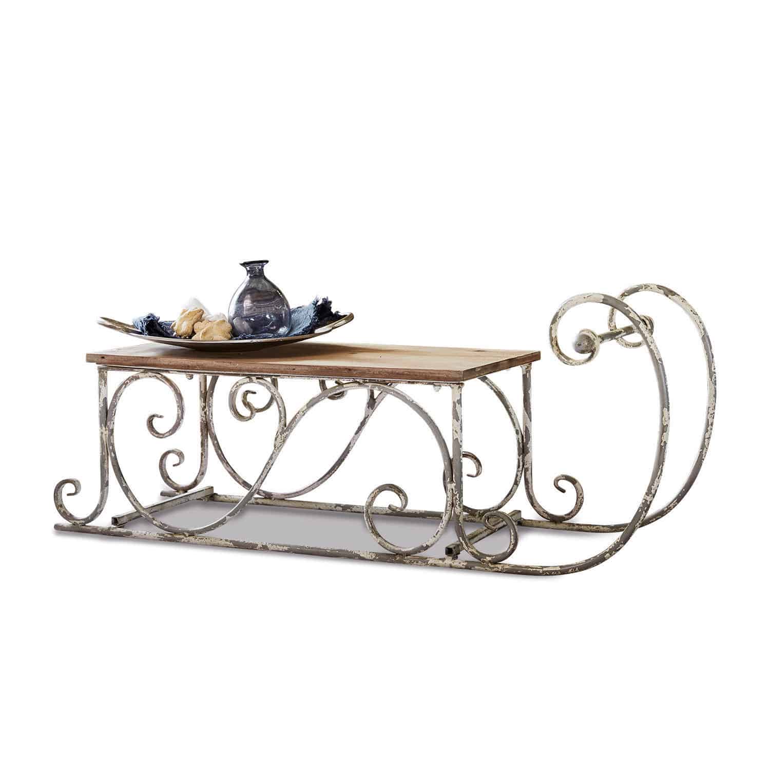Slittino decorativo Gifur Slitta decorativa in metallo con piano in legno bianco invecchiato per interni vintage