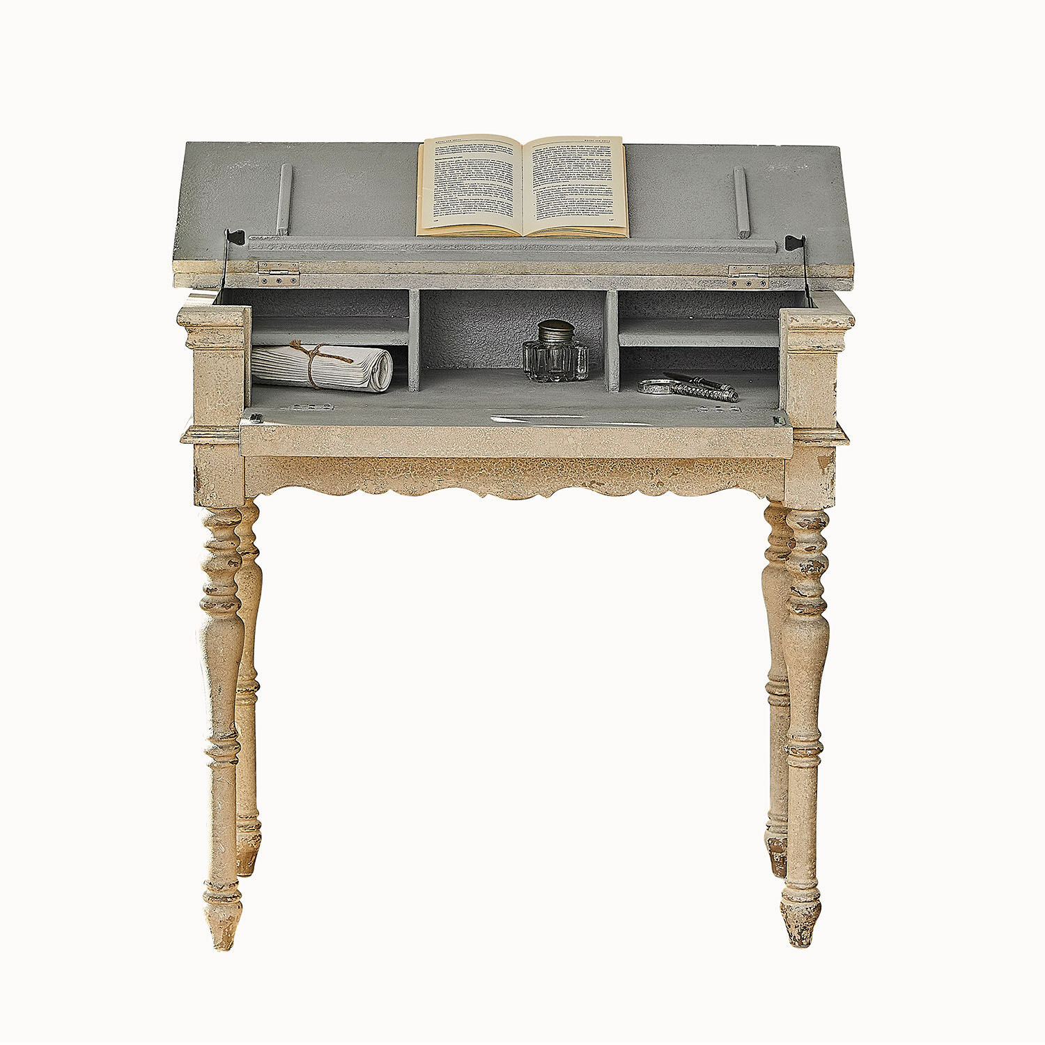 Consolle Arterton Scrivania vintage in legno beige e grigia con piano aperto e libro sopra, stile antico