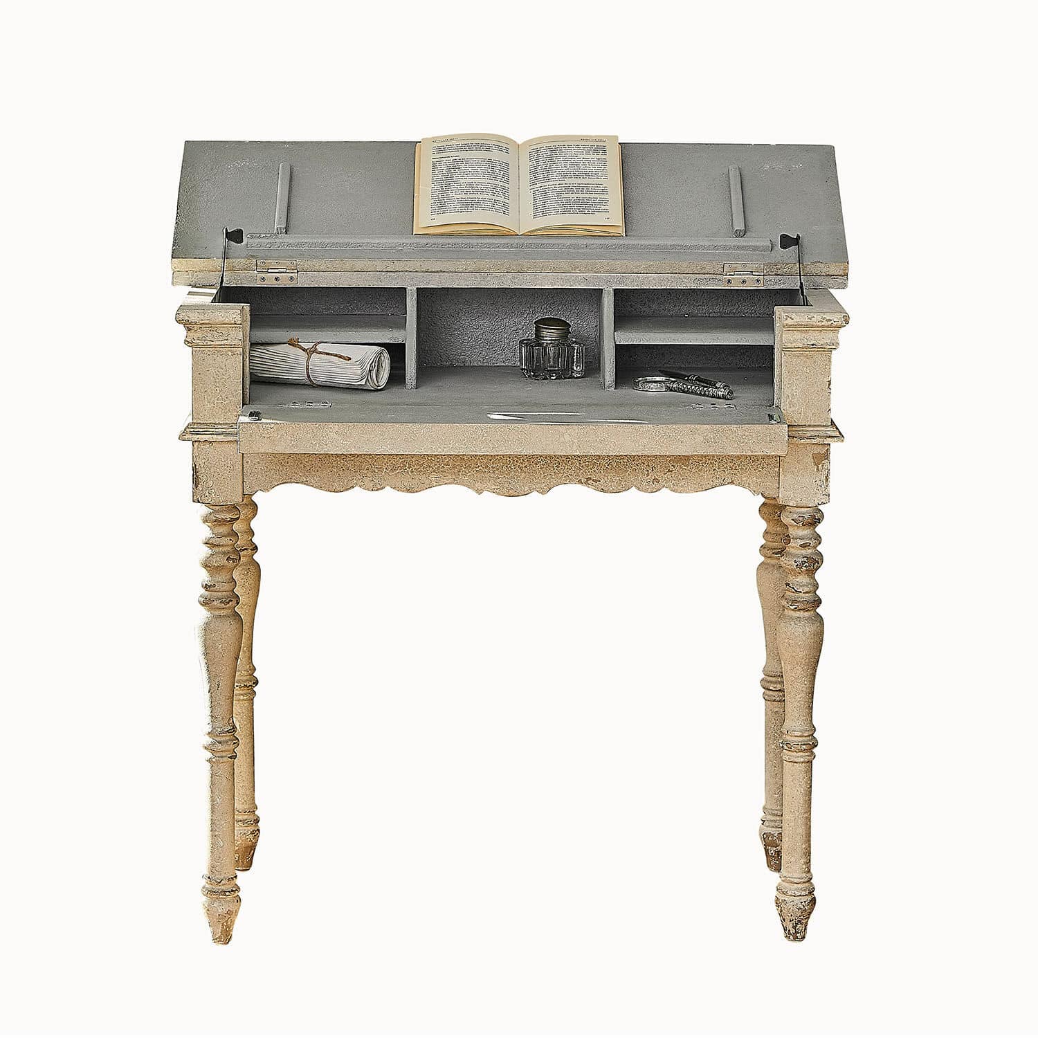 Consolle Arterton Scrivania vintage in legno beige e grigia con piano aperto e libro sopra, stile antico