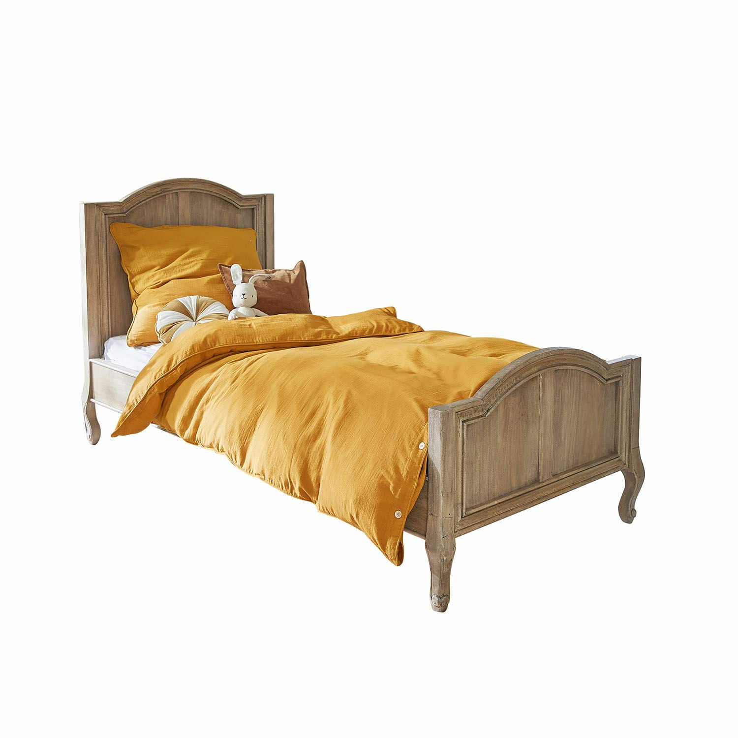 Letto Rêverine Letto in legno con biancheria da letto arancione e cuscini morbidi, stile rustico per camera da letto