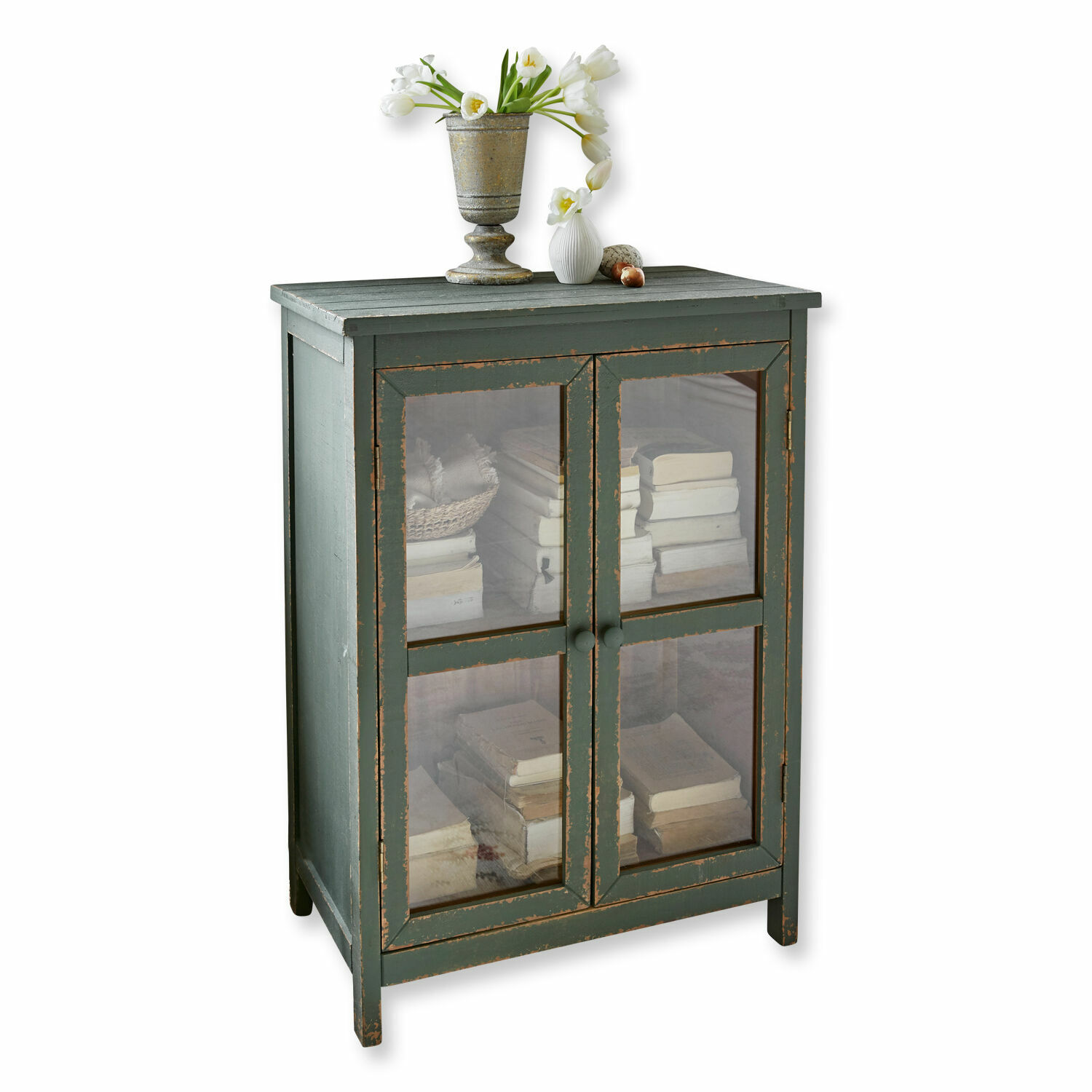 Comò Alajela Mobile verde in legno con ante in vetro e decorazione floreale sopra, mobile da conservazione rustico