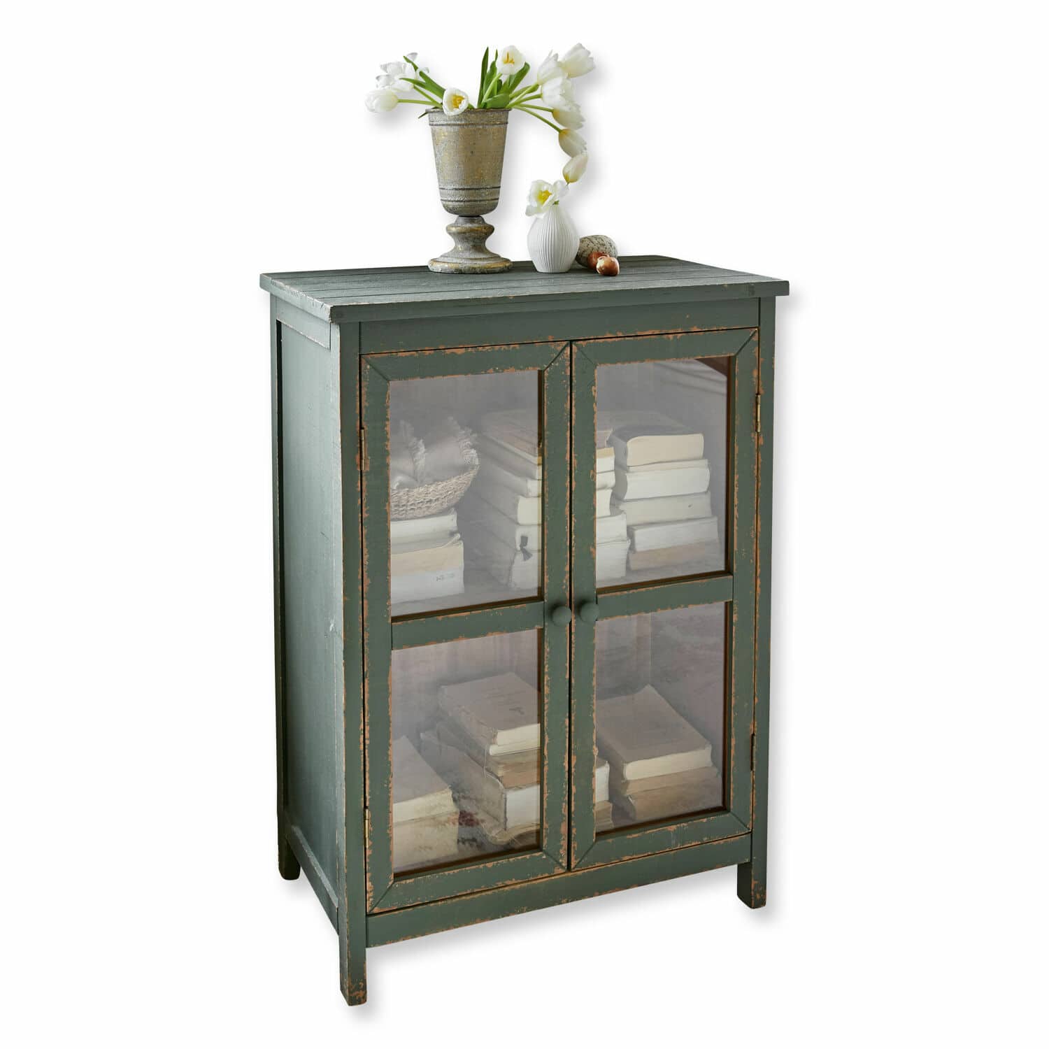 Comò Alajela Mobile verde in legno con ante in vetro e decorazione floreale sopra, mobile da conservazione rustico