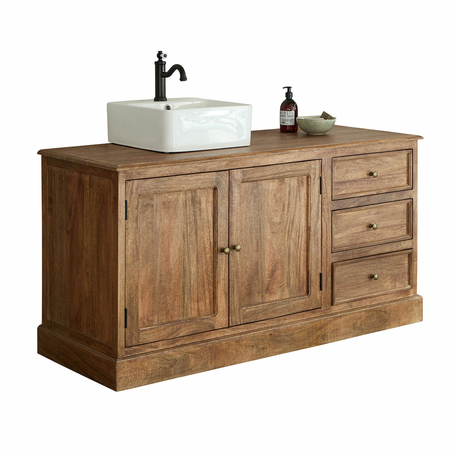 Mobile con lavabo Dorchester Mobile bagno in legno con lavabo in ceramica e rubinetto nero, colore legno naturale