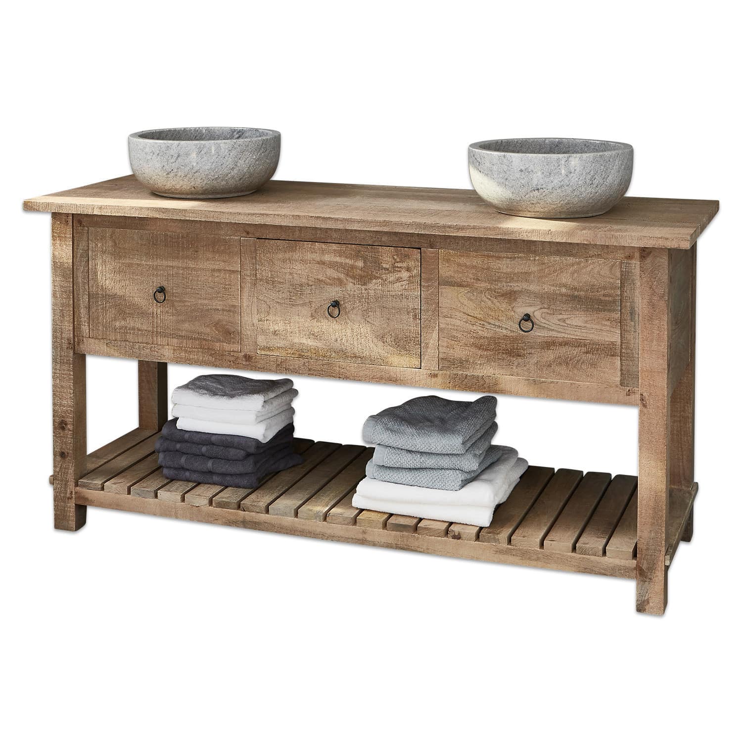 Mobile con doppio lavabo Ravel Consolle da bagno in legno naturale con tre cassetti e due lavabi in pietra grigia