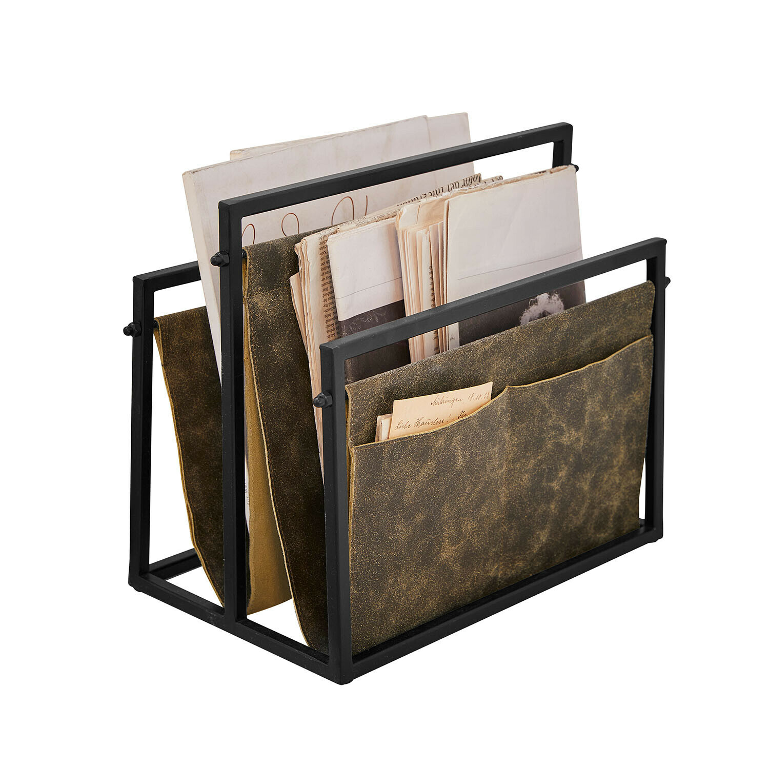 Porta riviste Larkwoods Porta giornali con struttura in metallo nero e tasca in pelle marrone per documenti e riviste