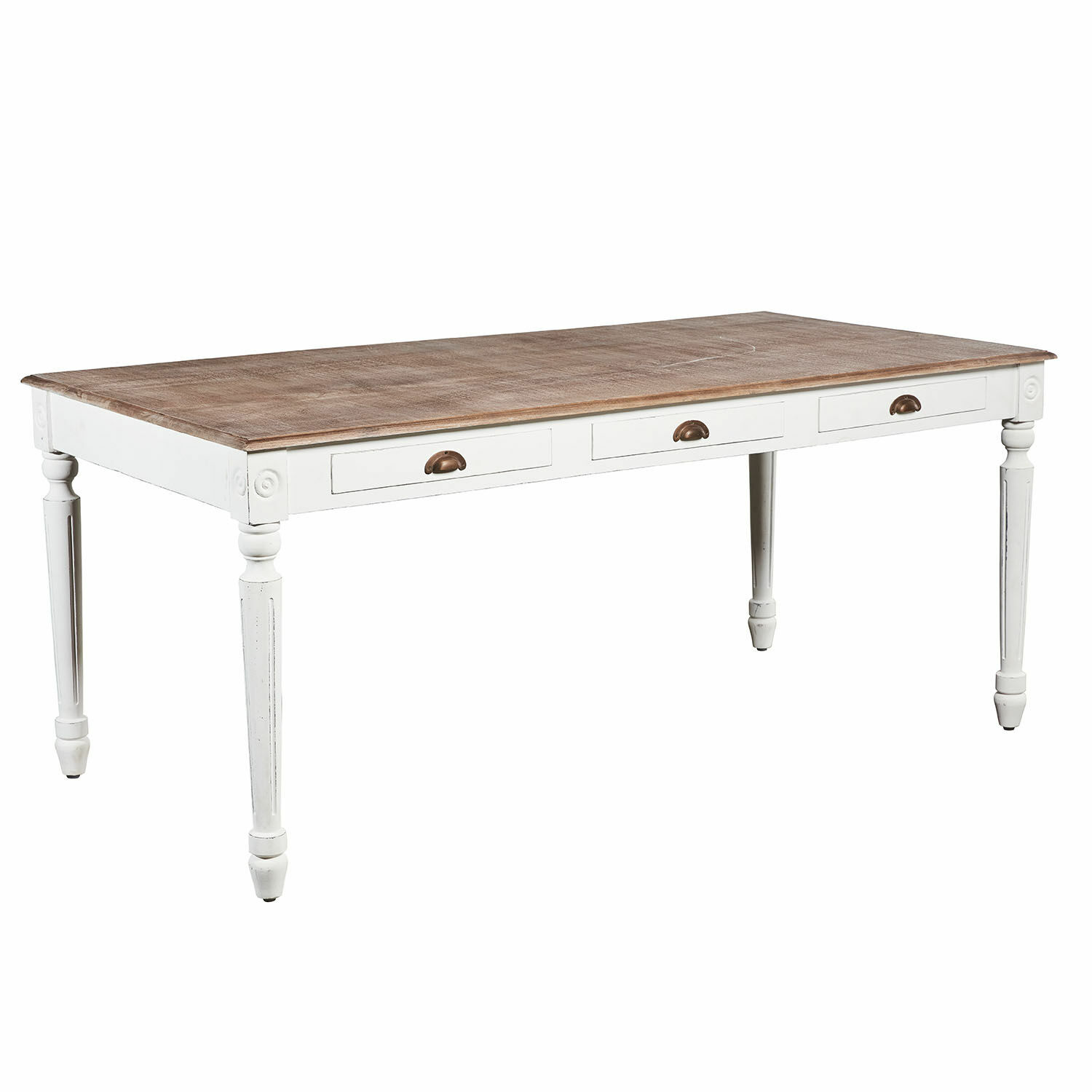Tavolo Helsinquia Tavolo in legno con base bianca e piano in legno naturale, cassetti e gambe classiche tornite