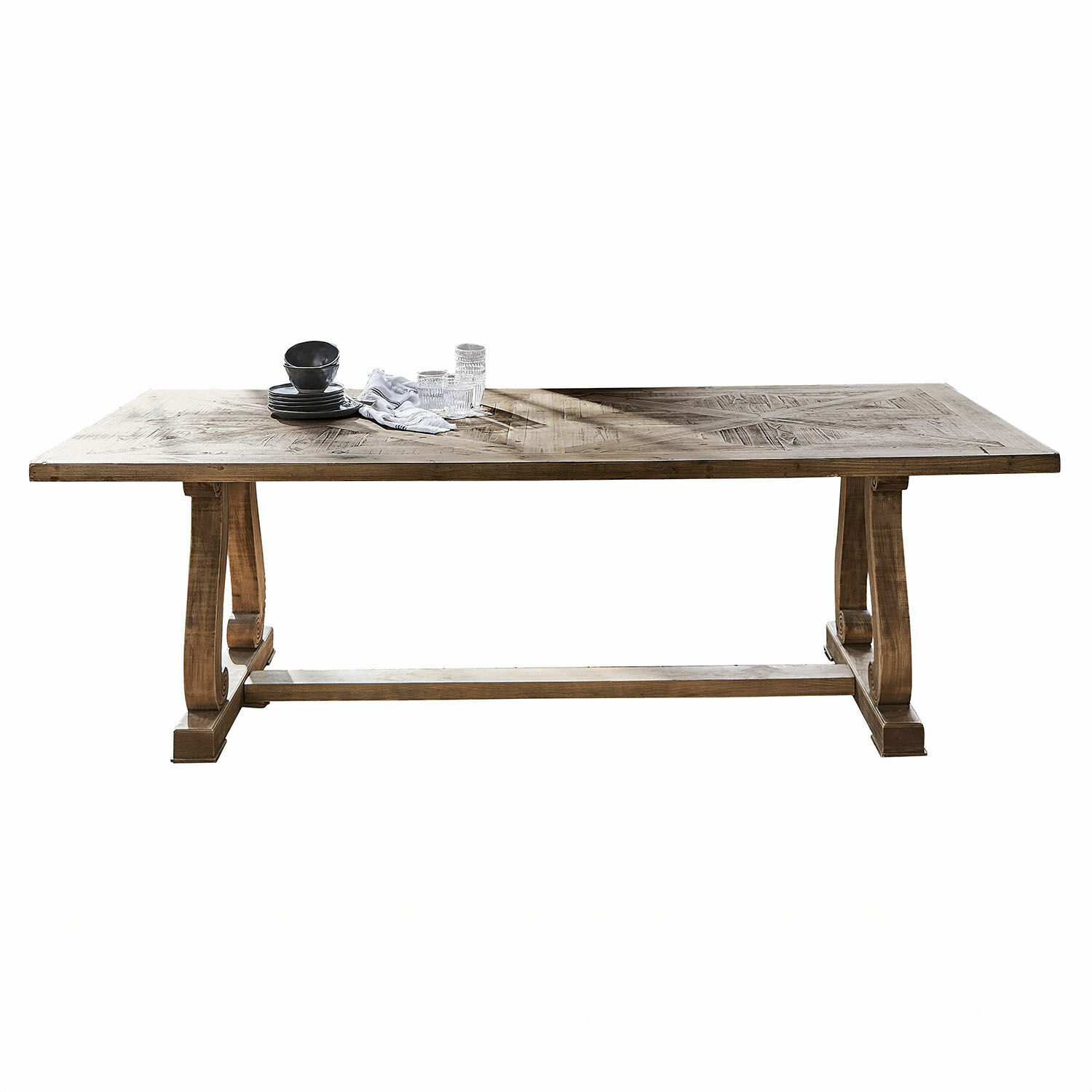 Tavolo Campbelltown Grande tavolo in legno con piano rustico e gambe robuste, colore naturale del legno