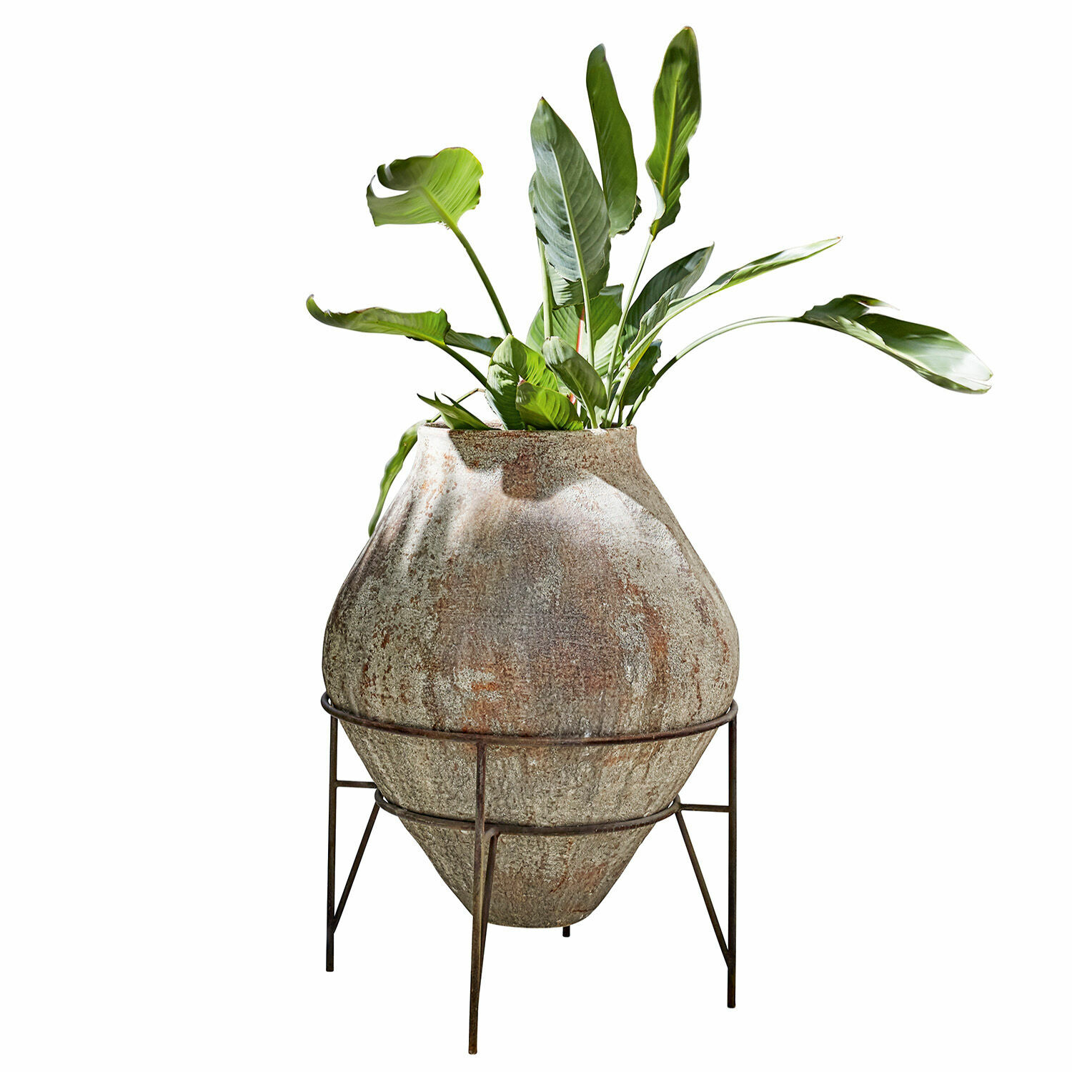 Vaso Pive Grande vaso in pietra su supporto metallico con pianta verde, decorazione per interni e giardino