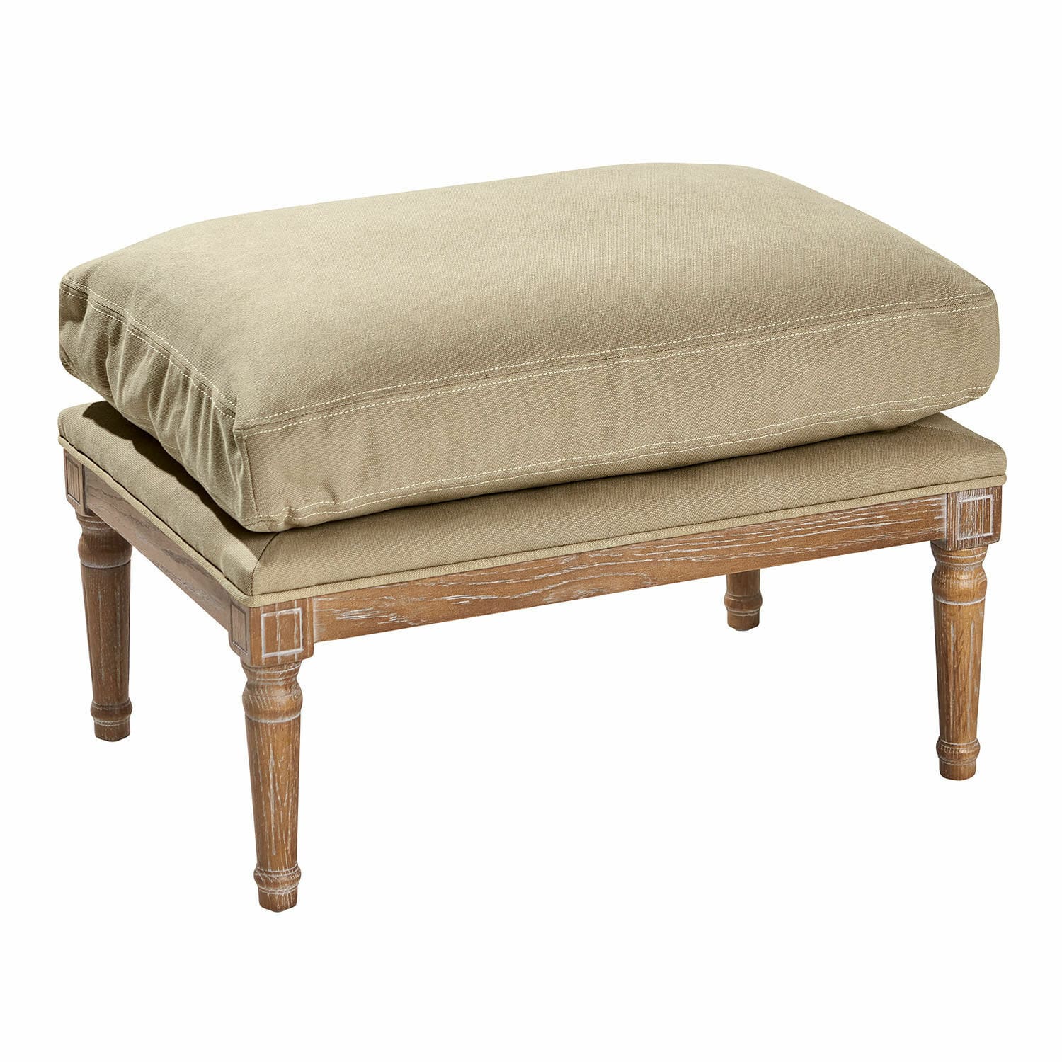 Sgabello Greenbrier Poggiapiedi con struttura in legno e cuscino beige, mobile comodo per soggiorno
