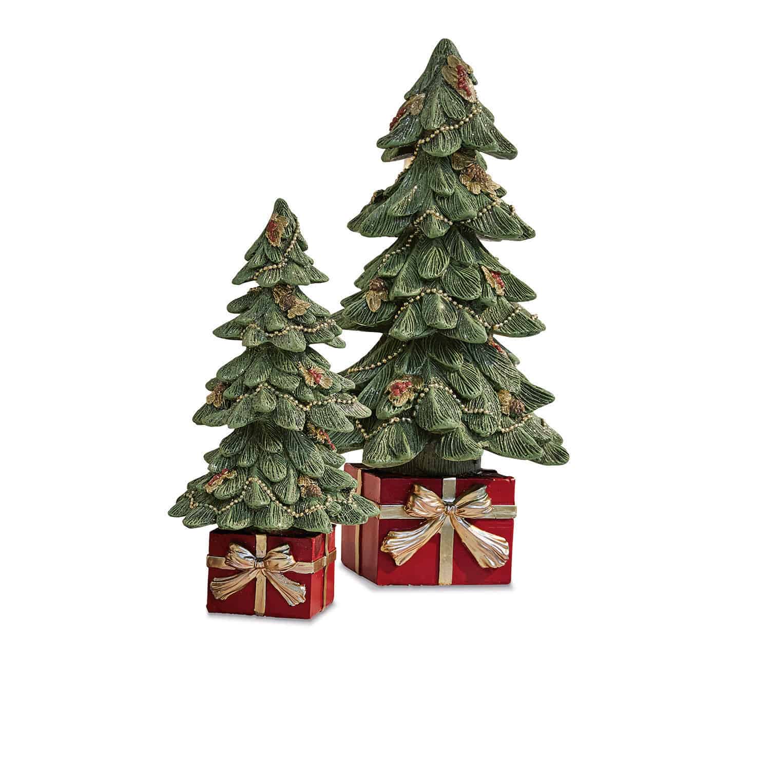 Coppia di alberelli decorativi Verne Set di due decorazioni di alberi di Natale verdi con regali rossi e fiocchi dorati