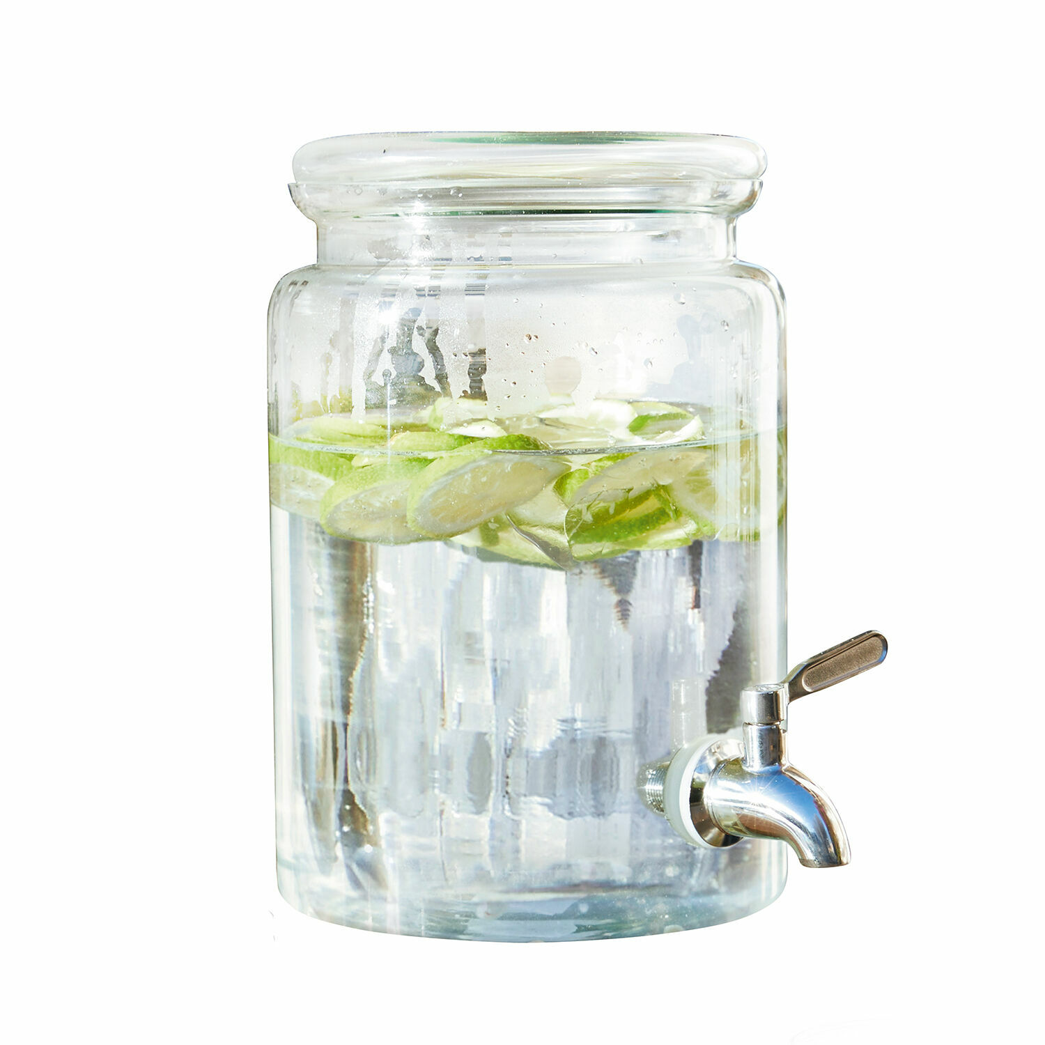 Dispenser per bevande Gabela Distributore di bevande in vetro con rubinetto, riempito d'acqua con fette di lime, per servire bevande