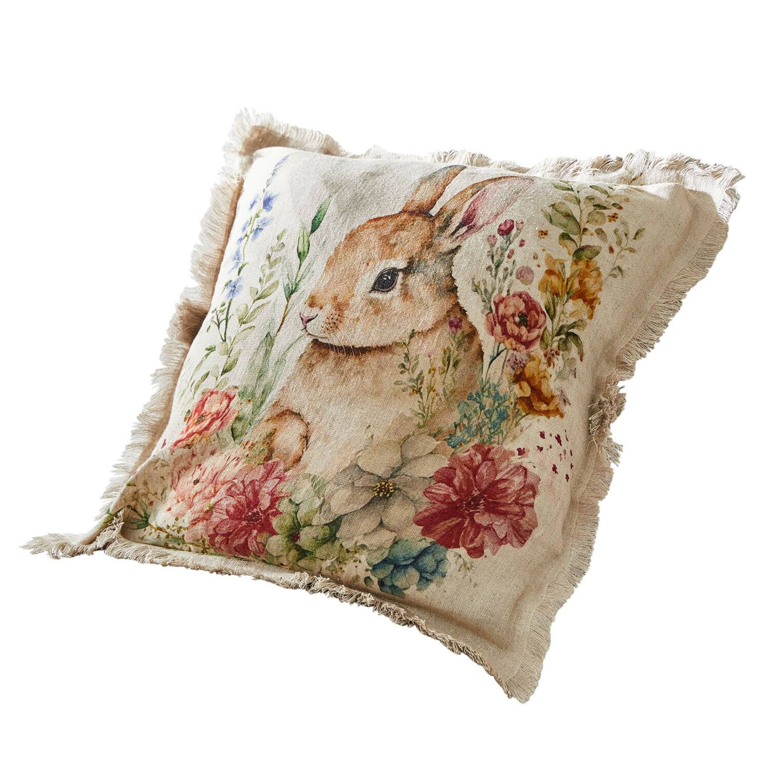 Copricuscino Parélys Cuscino in lino beige con stampa coniglio e fiori colorati, decorazione per la casa