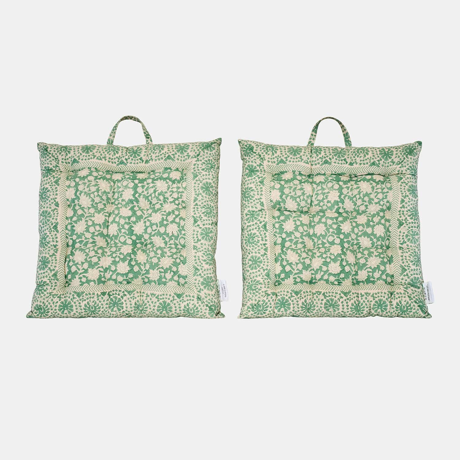 Coppia di cuscini da seduta Fleuronnes Set di due cuscini verdi in cotone con motivo floreale e maniglia per appendere